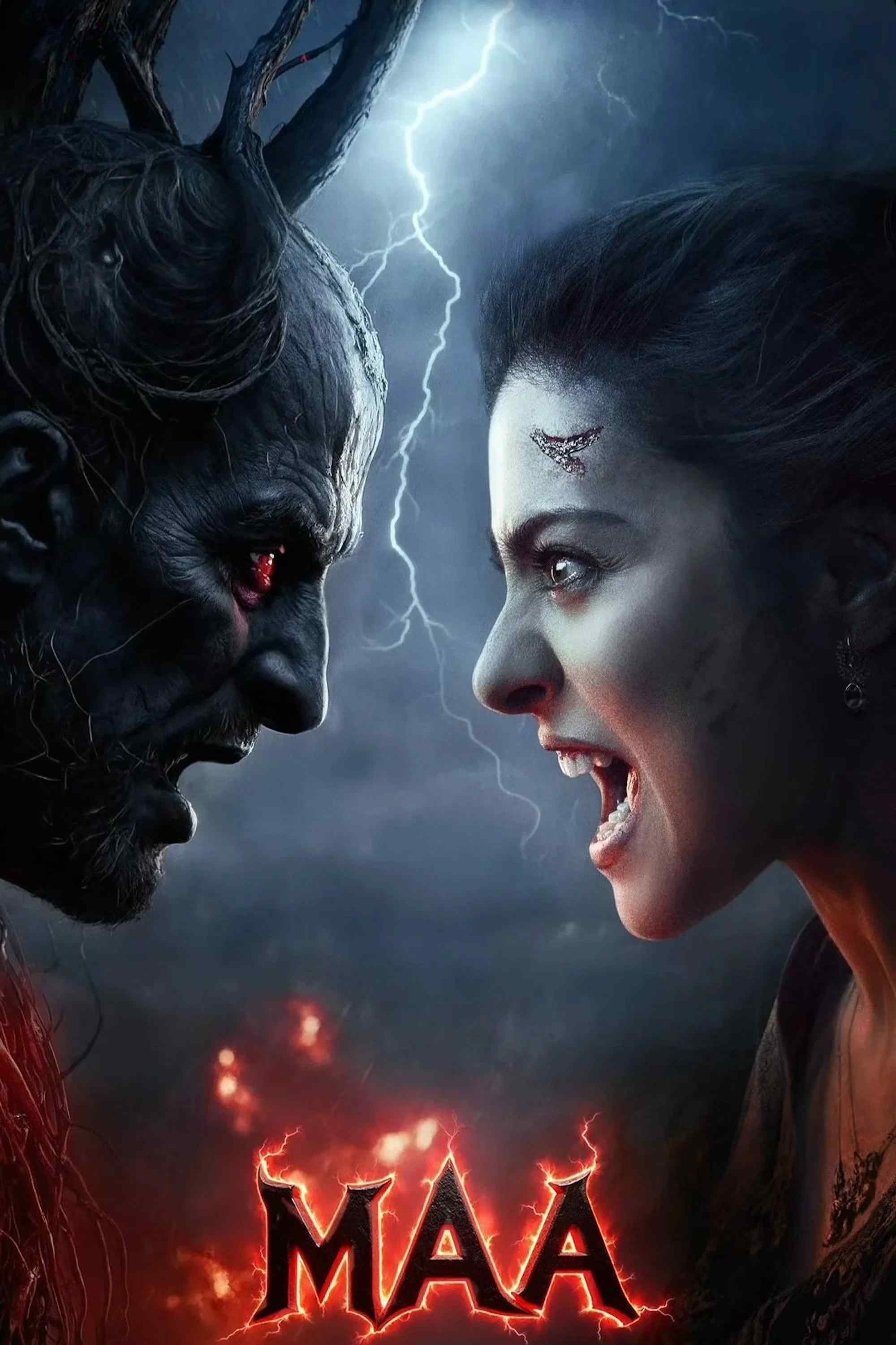Poster chính thức của phim Phim Kinh Dị "Maa" (Maa - 2025), với sự tham gia của diễn viên Kajol và Ronit Roy.