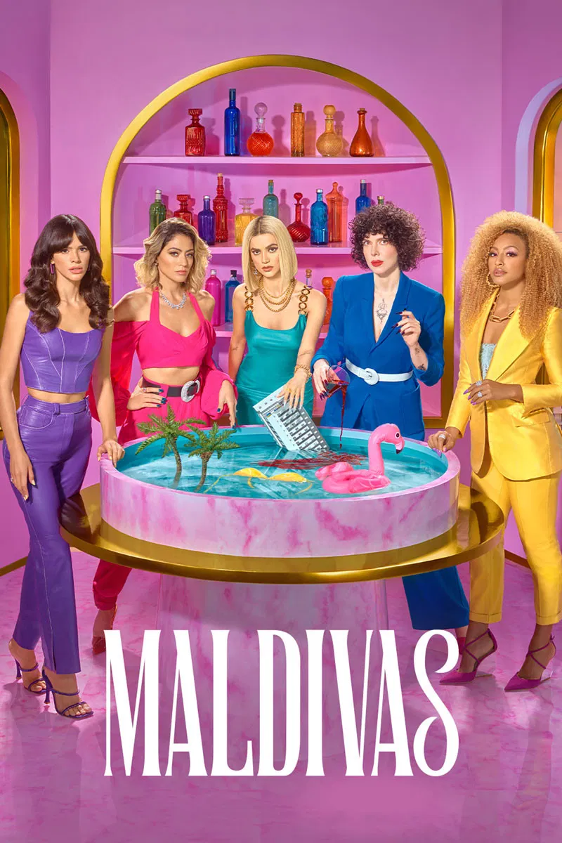 Poster chính thức của phim Phim Hài, Phim Tâm Lý "Maldivas" (Maldivas - 2022), với sự tham gia của diễn viên Bruna Marquezine và Carol Castro.