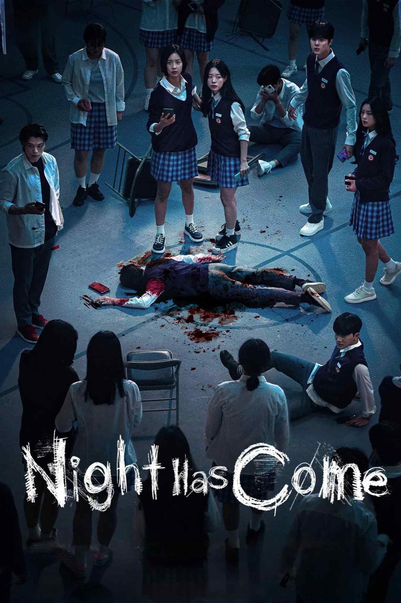 Poster chính thức của phim Phim Tâm Lý, Phim Bí Ẩn "Màn Đêm Kinh Hoàng" (Night Has Come - 2023), với sự tham gia của diễn viên Song Byeong-geun và Lee Jae-in.