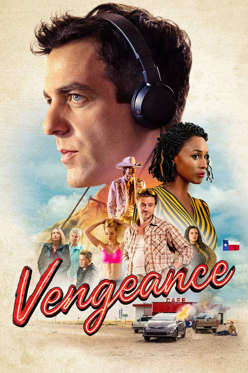 Poster chính thức của phim Phim Hài, Phim Bí Ẩn "Manh Mối Báo Thù" (Vengeance - 2022), với sự tham gia của diễn viên B.J. Novak và Boyd Holbrook.
