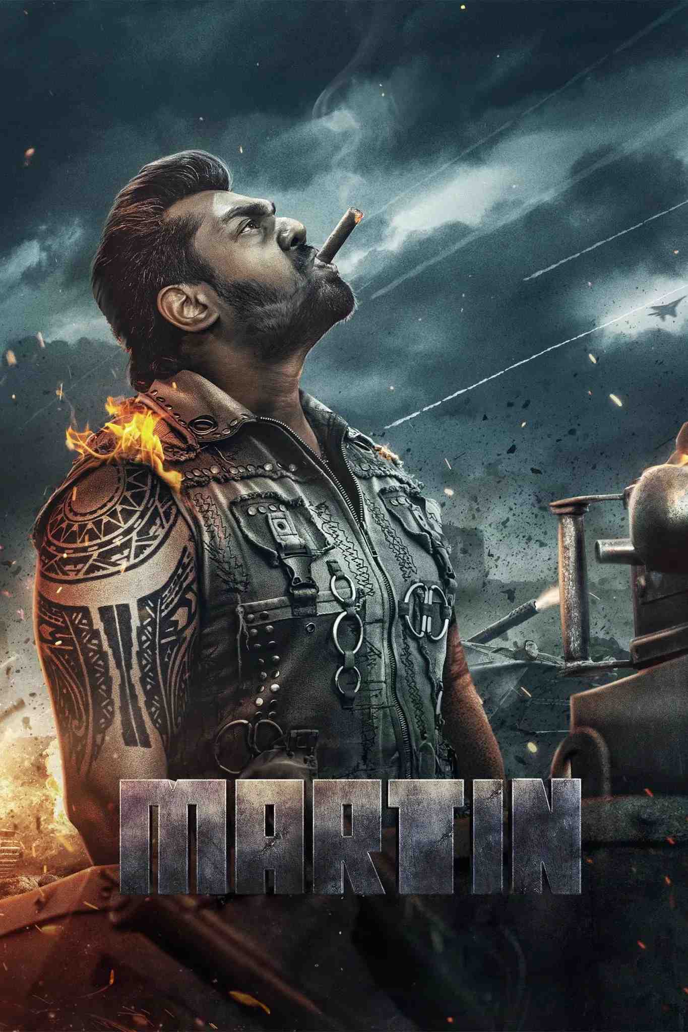 Poster chính thức của phim Phim Hành Động, Phim Tâm Lý "Martin" (Martin - 2024), với sự tham gia của diễn viên Dhruva Sarja và Vaibhavi Shandilya.