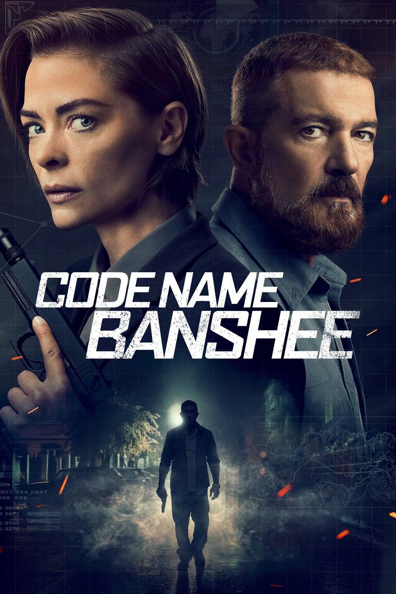 Poster chính thức của phim Phim Hành Động, Phim Giật Gân "Mật Danh Banshee" (Code Name Banshee - 2022), với sự tham gia của diễn viên Jaime King và Antonio Banderas.