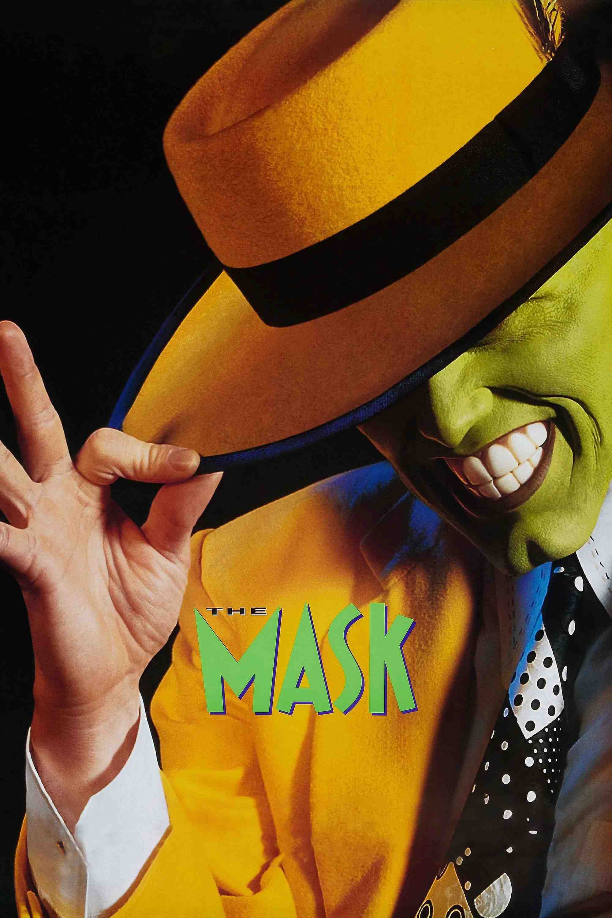 Poster chính thức của phim Phim Tình Cảm, Phim Hài "Mặt Nạ Xanh" (The Mask - 1994), với sự tham gia của diễn viên Jim Carrey và Peter Riegert.