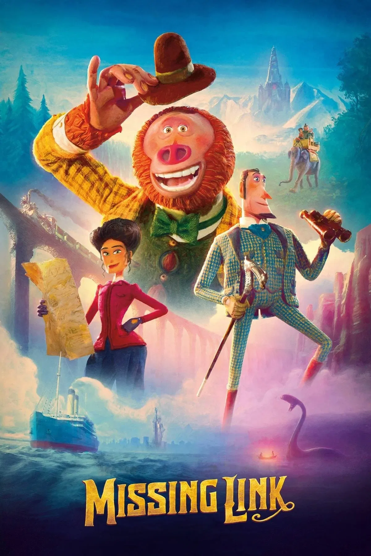 Poster chính thức của phim Phim Gia Đình, Phim Hoạt Hình "Mất Tích Trong Rừng Sâu" (Missing Link - 2019), với sự tham gia của diễn viên Hugh Jackman và Zoe Saldaña.