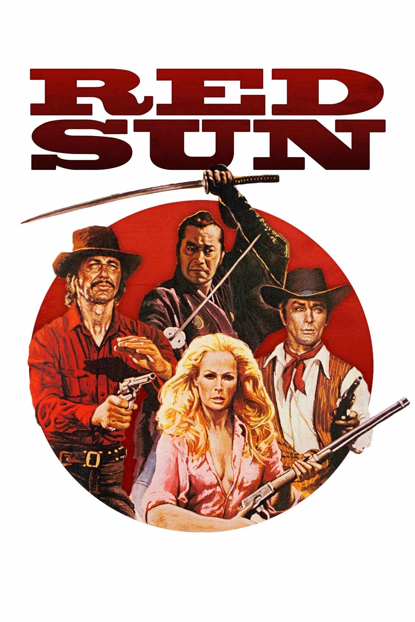 Poster chính thức của phim Phim Miền Tây "Mặt Trời Đỏ" (Red Sun - 1971), với sự tham gia của diễn viên Charles Bronson và Ursula Andress.