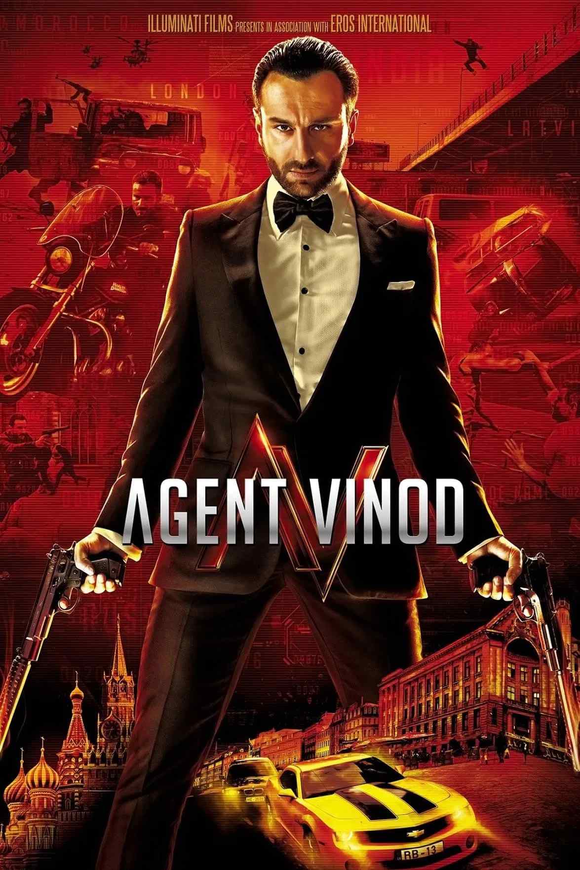 Poster chính thức của phim Phim Hành Động, Phim Phiêu Lưu "Mật Vụ Ăn Chơi" (Agent Vinod - 2012), với sự tham gia của diễn viên Saif Ali Khan và Kareena Kapoor Khan.