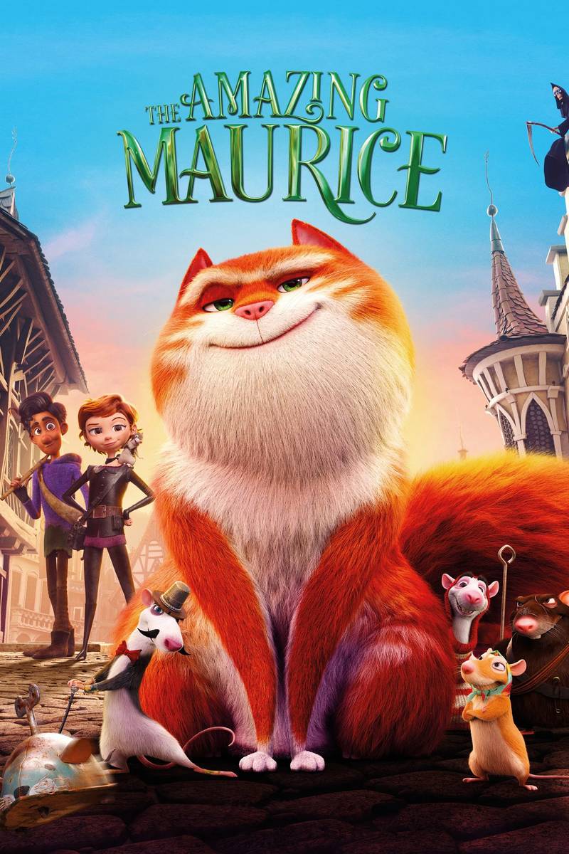 Poster chính thức của phim Phim Hoạt Hình, Phim Phiêu Lưu "Mèo Béo Siêu Đẳng" (The Amazing Maurice - 2022), với sự tham gia của diễn viên Hugh Laurie và Emilia Clarke.