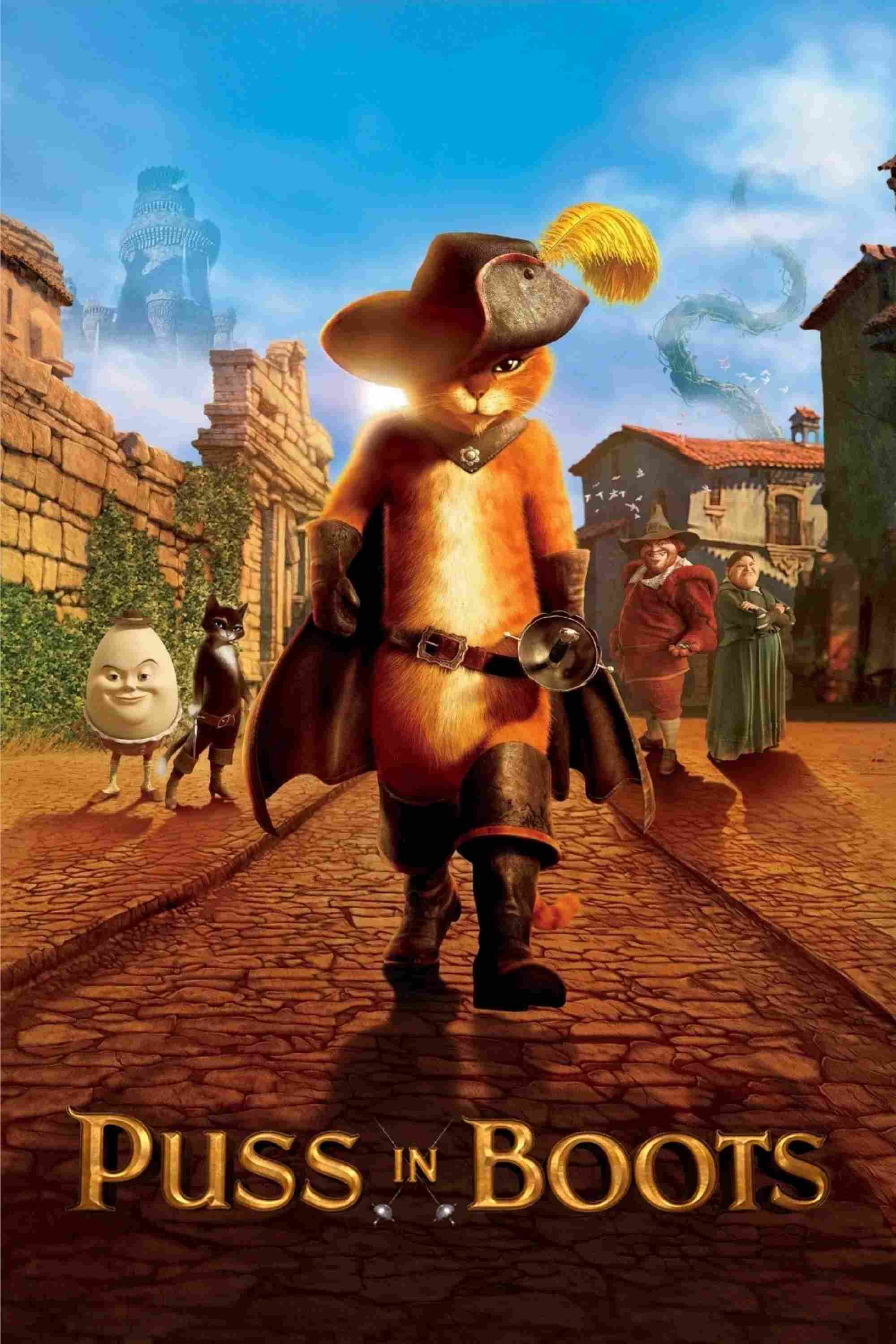 Poster chính thức của phim Phim Hoạt Hình, Phim Gia Đình "Mèo Đi Hia" (Puss in Boots - 2011), với sự tham gia của diễn viên Antonio Banderas và Salma Hayek Pinault.