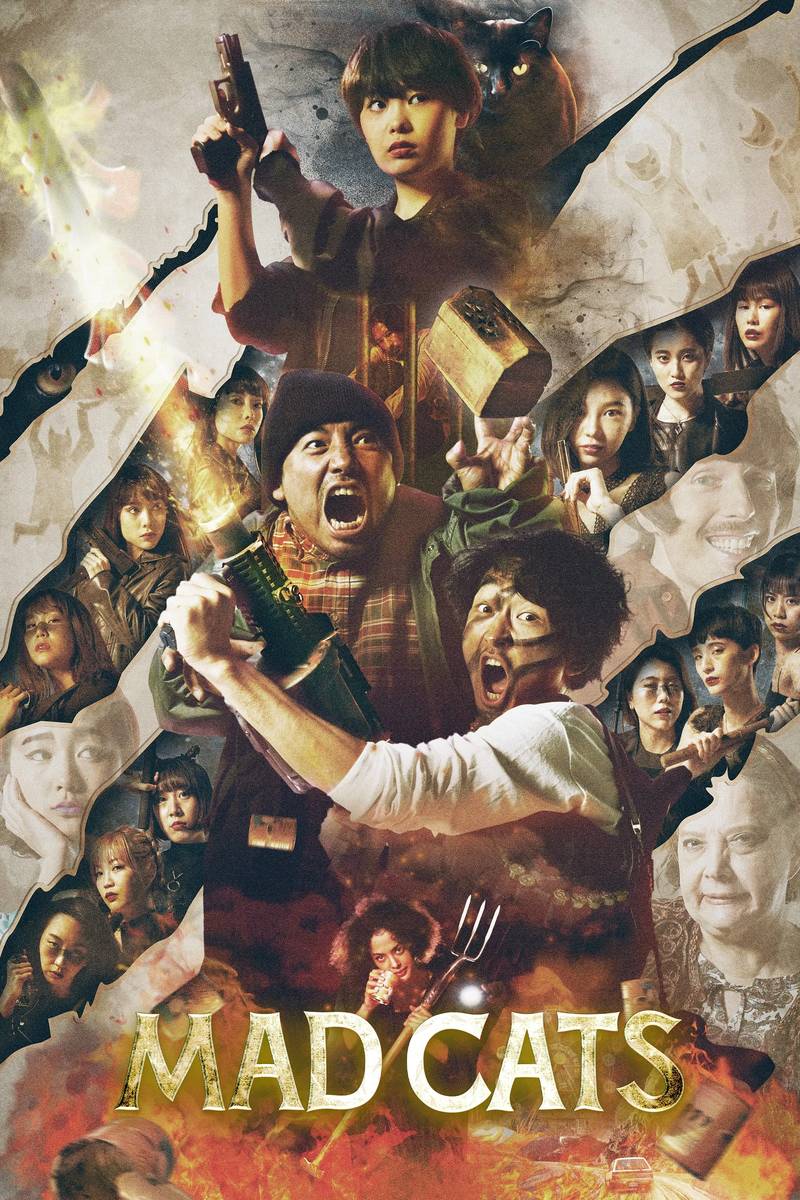 Poster chính thức của phim Phim Hành Động, Phim Hài "Mèo Điên" (MAD CATS - 2023), với sự tham gia của diễn viên Sho Mineo và Yuya Matsuura.
