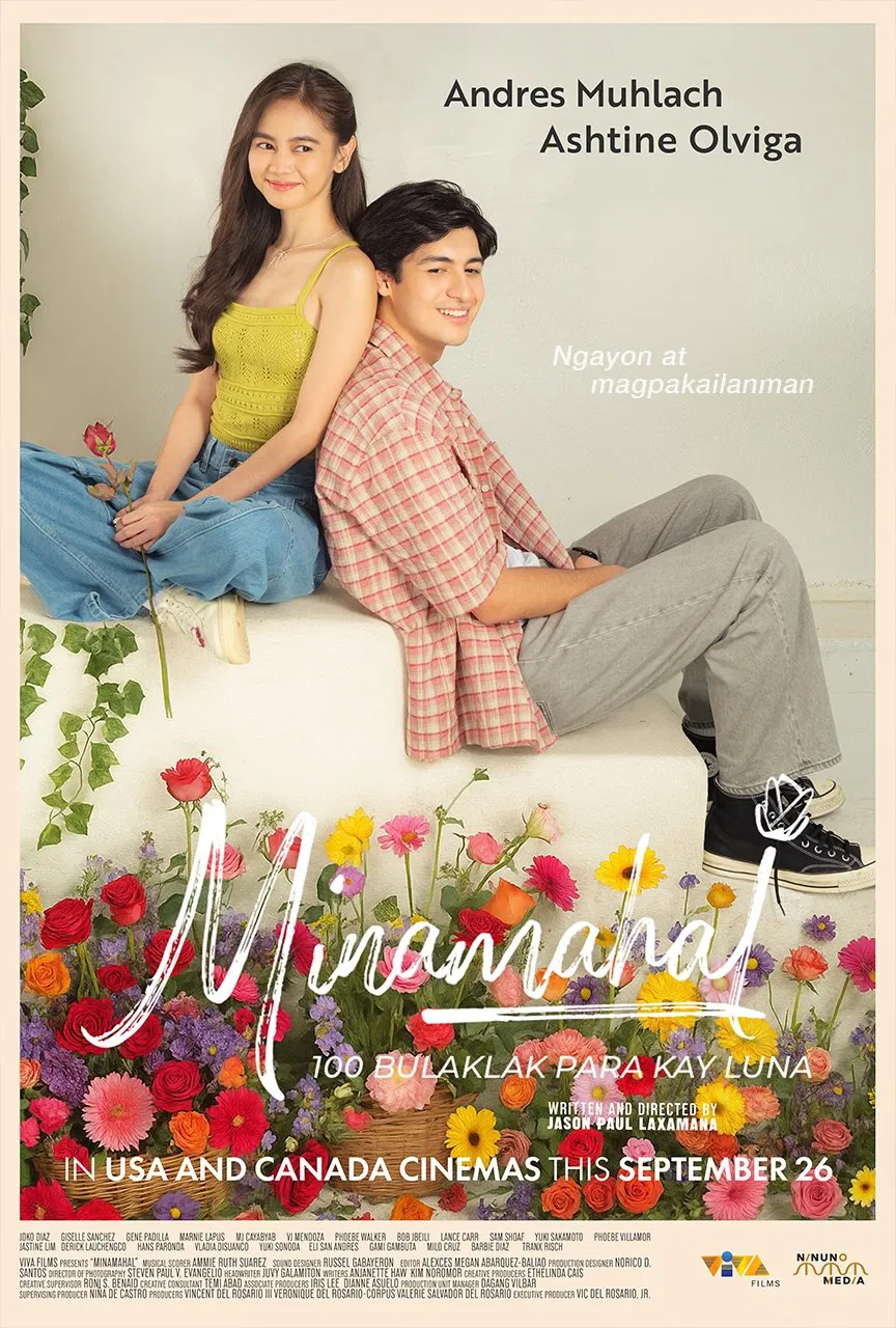 Poster chính thức của phim Phim Tình Cảm "Minamahal: 100 Đóa Hoa Dành Cho Luna" (Minamahal - 2025), với sự tham gia của diễn viên Ashtine Olviga và Andres Muhlach.