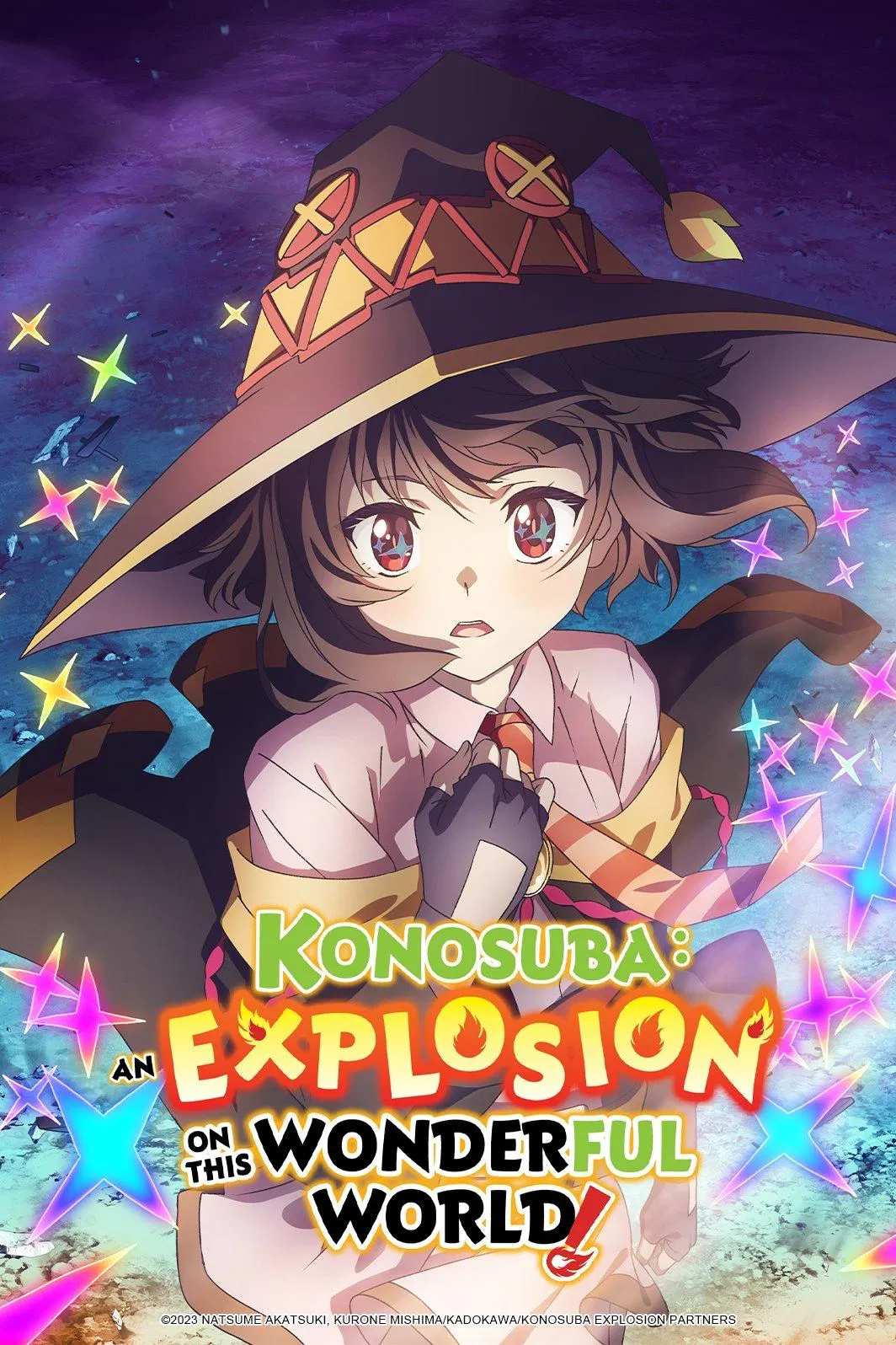 Poster chính thức của phim Phim Hoạt Hình, Phim Hài "Mở Ra Một Thế Giới Tuyệt Vời" (KONOSUBA – An Explosion on This Wonderful World! - 2023), với sự tham gia của diễn viên Rie Takahashi và Aki Toyosaki.