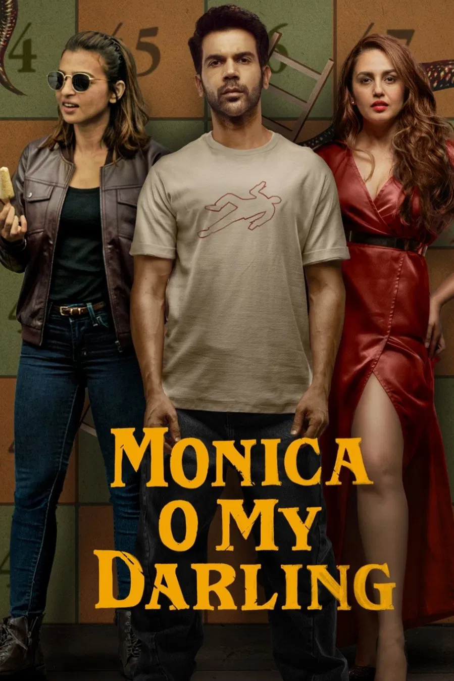 Poster chính thức của phim Phim Hình Sự, Phim Hài "Monica, ôi người yêu dấu" (Monica, O My Darling - 2022), với sự tham gia của diễn viên Rajkummar Rao và Huma Qureshi.