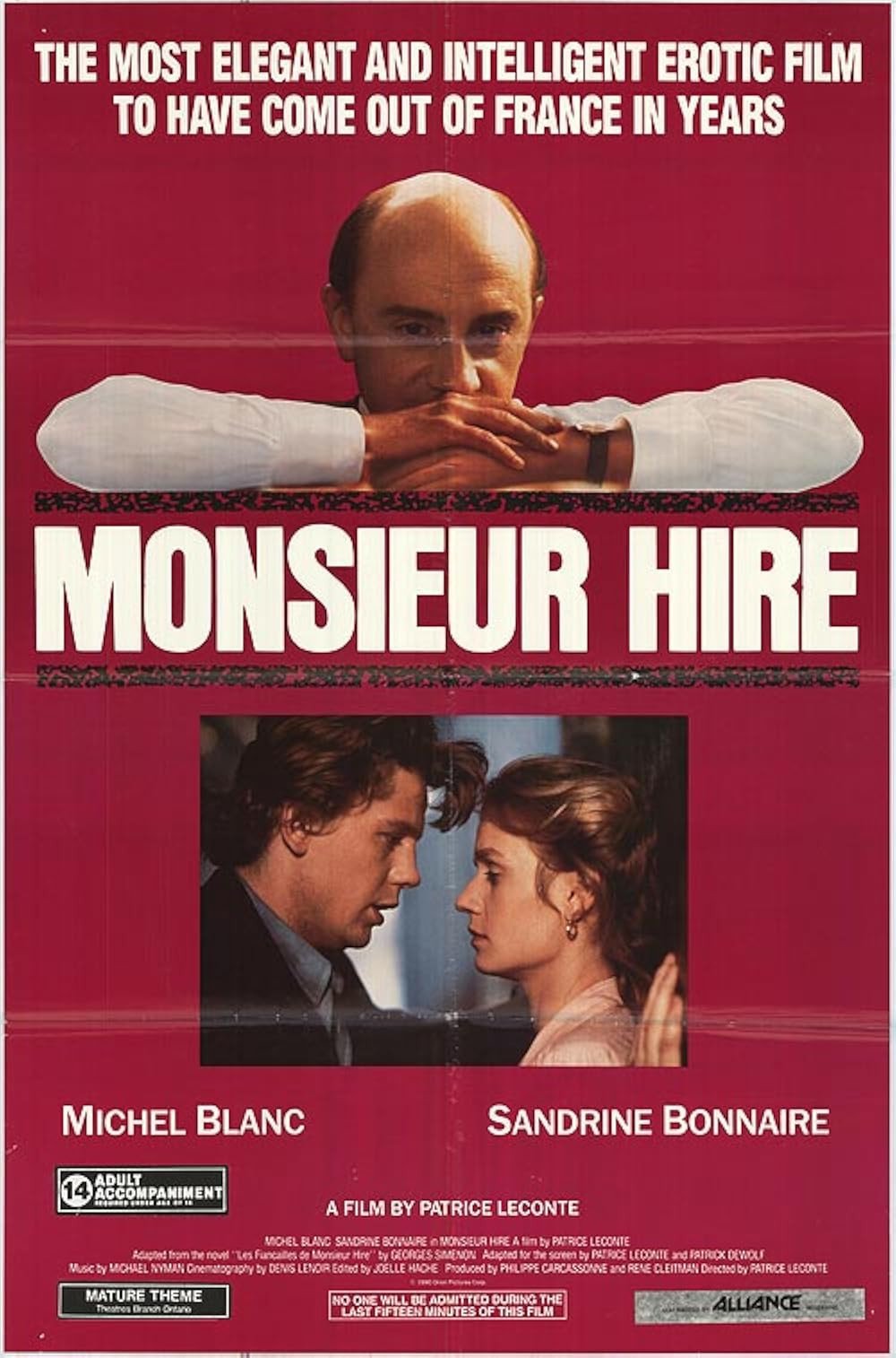 Poster chính thức của phim Phim Hình Sự, Phim Tâm Lý "Monsieur Hire" (Monsieur Hire - 1989), với sự tham gia của diễn viên Michel Blanc và Sandrine Bonnaire.