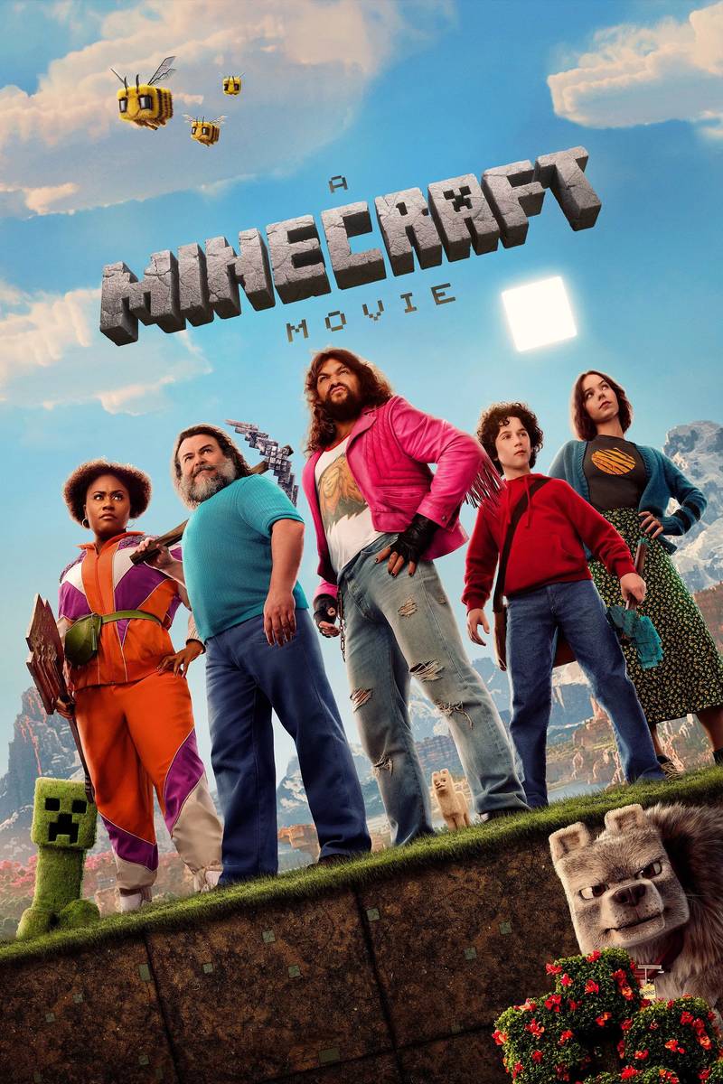 Poster chính thức của phim Phim Gia Đình, Phim Giả Tượng "Một Bộ Phim Minecraft" (A Minecraft Movie - 2025), với sự tham gia của diễn viên Jason Momoa và Jack Black.