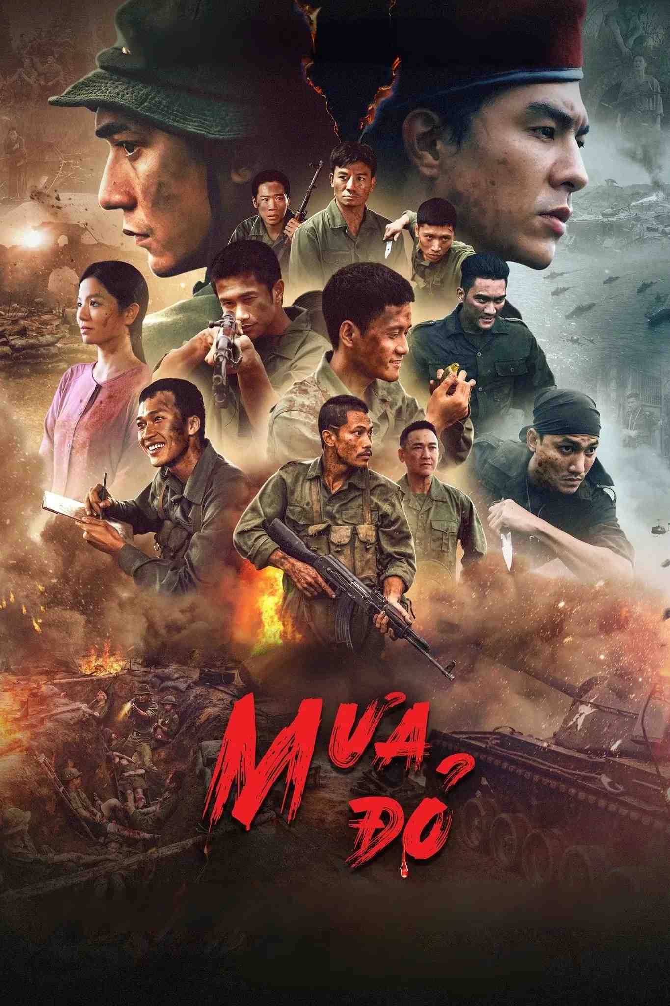 Poster chính thức của phim Phim Chiến Tranh, Phim Lịch Sử "Mưa Đỏ" (Red Rain - 2025), với sự tham gia của diễn viên Đỗ Nhật Hoàng và Steven Nguyễn.