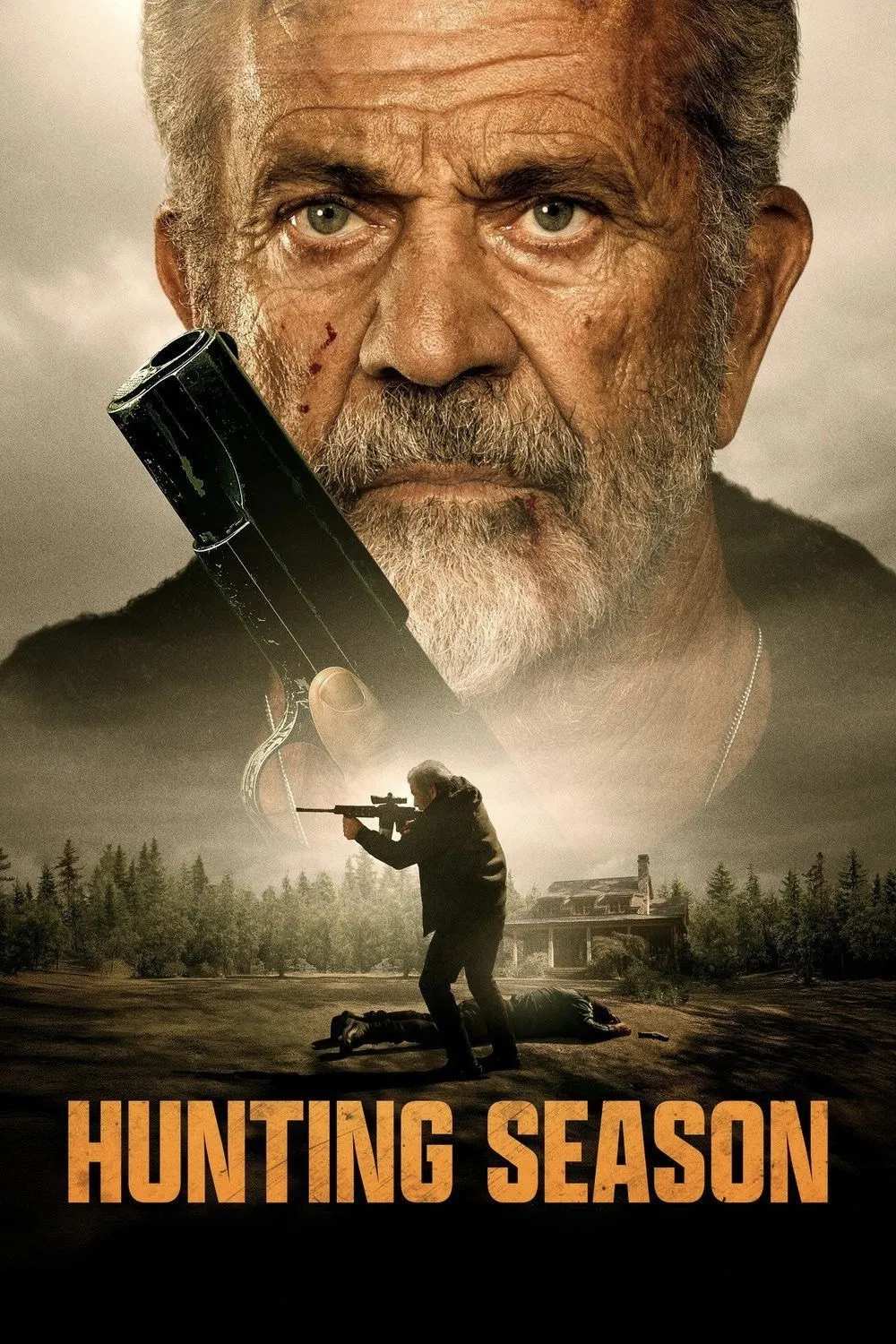 Poster chính thức của phim Phim Hành Động, Phim Tâm Lý "Mùa Săn" (Hunting Season - 2025), với sự tham gia của diễn viên Mel Gibson và Shelley Hennig.