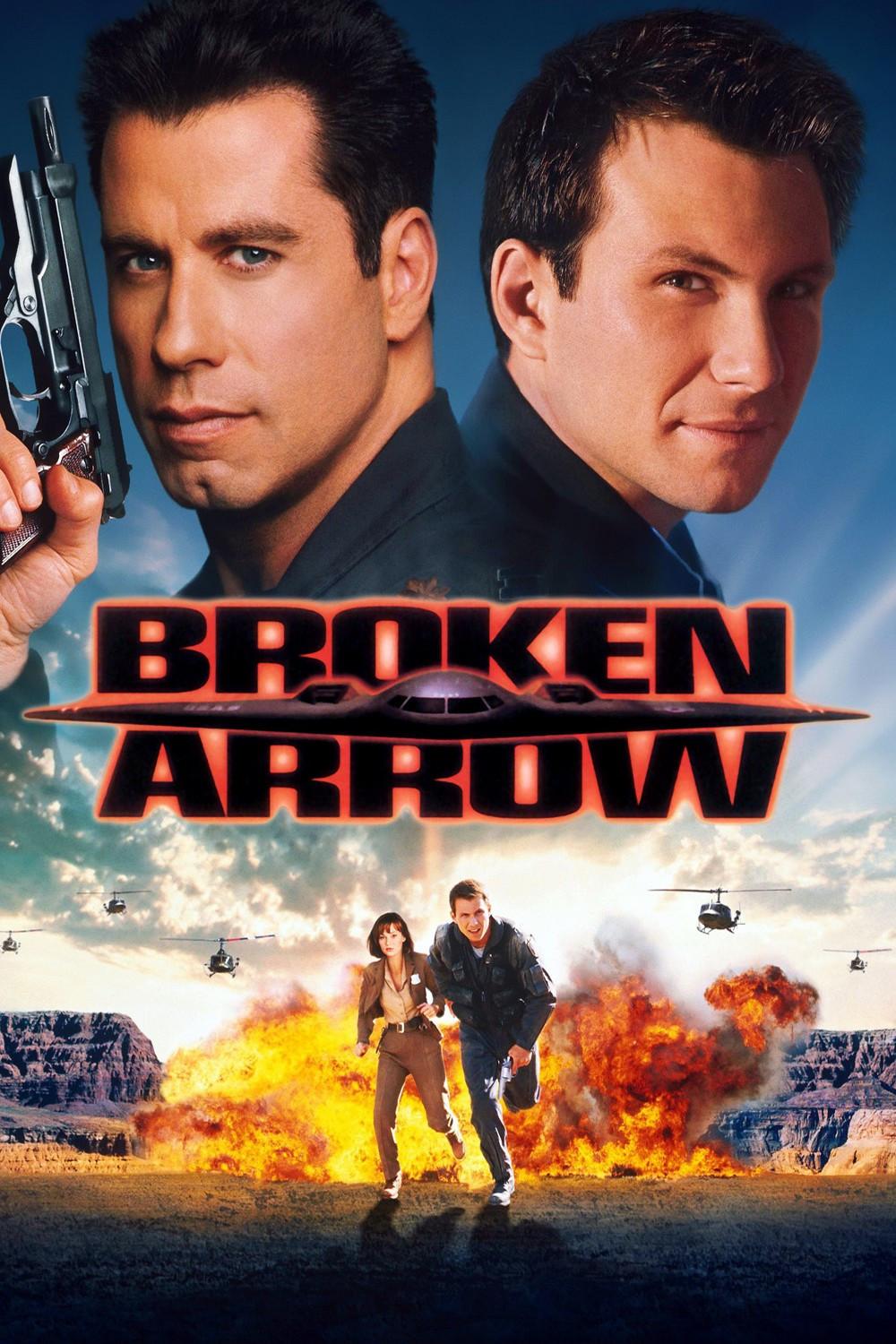 Poster chính thức của phim Phim Hành Động, Phim Giật Gân "Mũi Tên Gãy" (Broken Arrow - 1996), với sự tham gia của diễn viên John Travolta và Christian Slater.