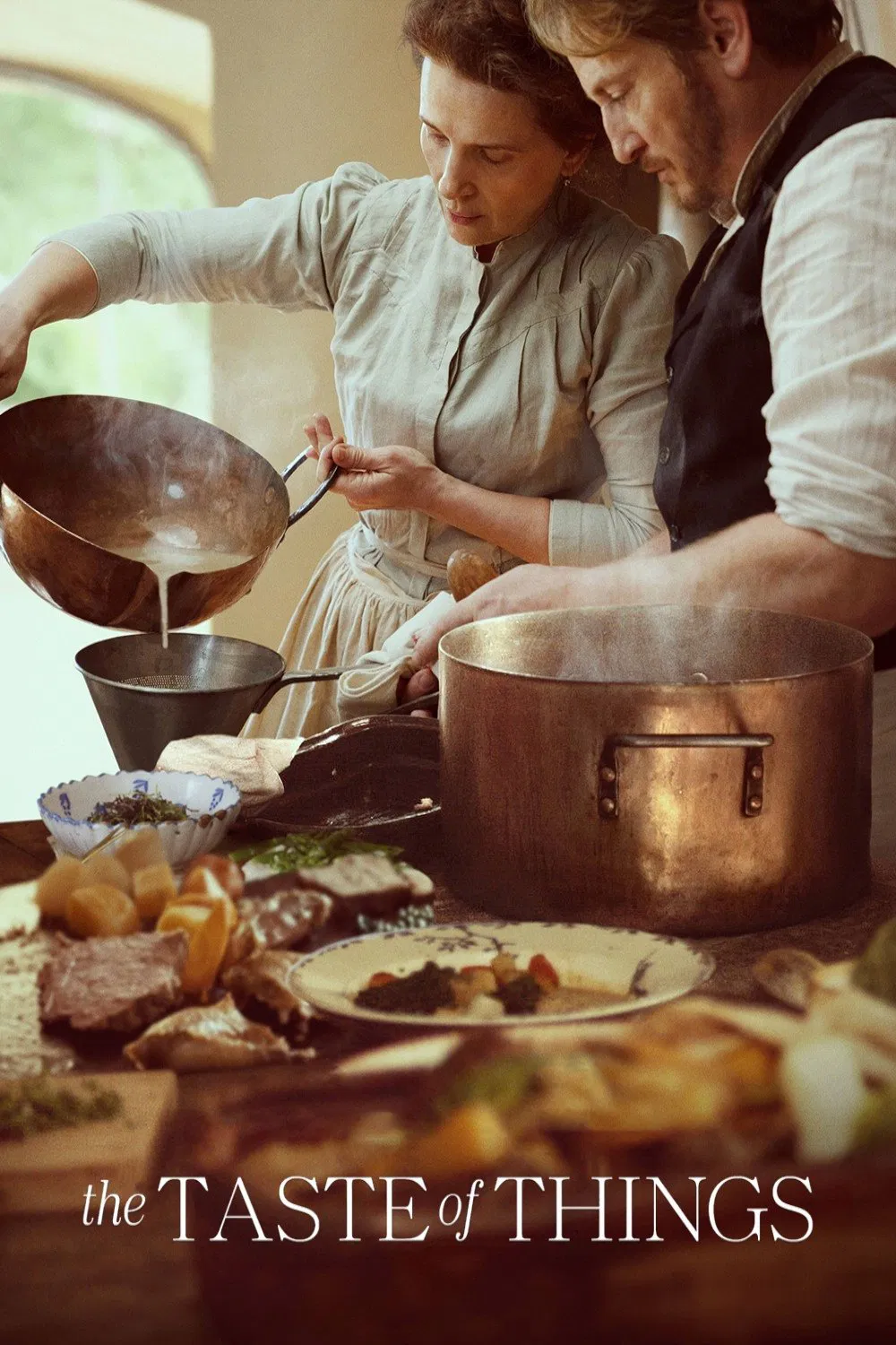 Poster chính thức của phim Phim Tình Cảm, Phim Tâm Lý "Muôn Vị Nhân Gian" (The Taste of Things - 2023), với sự tham gia của diễn viên Benoît Magimel và Juliette Binoche.