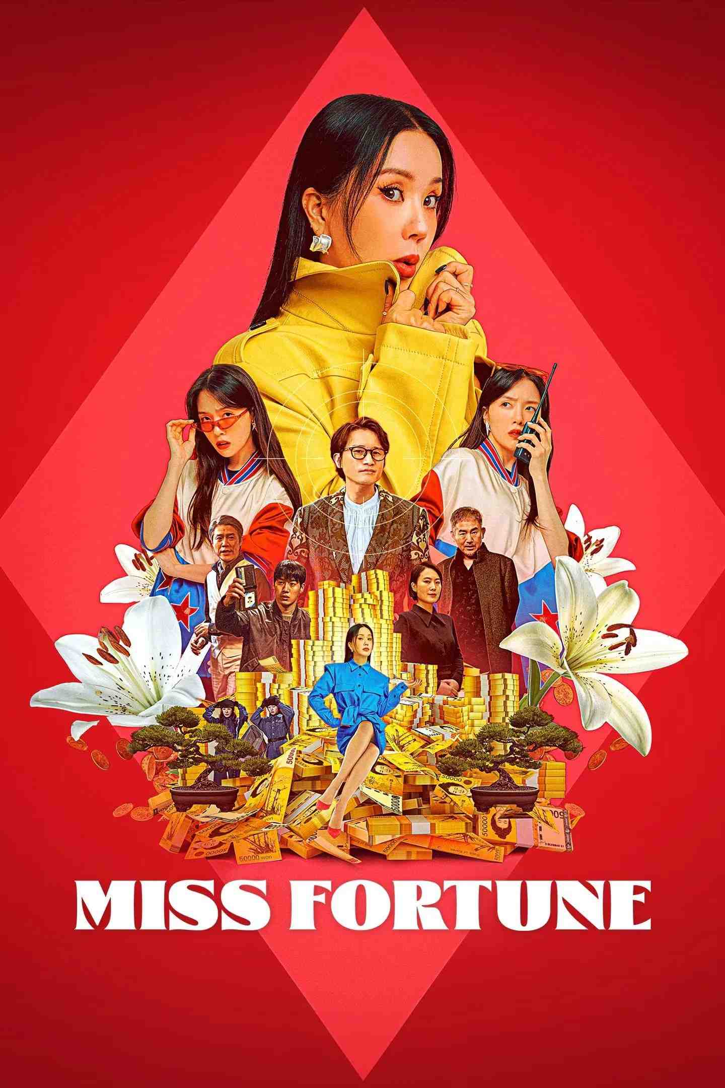 Poster chính thức của phim Phim Tâm Lý, Phim Hài "Mỹ Nhân Đạo Chích" (Miss Fortune - 2023), với sự tham gia của diễn viên Uhm Jung-hwa và Song Sae-byuk.