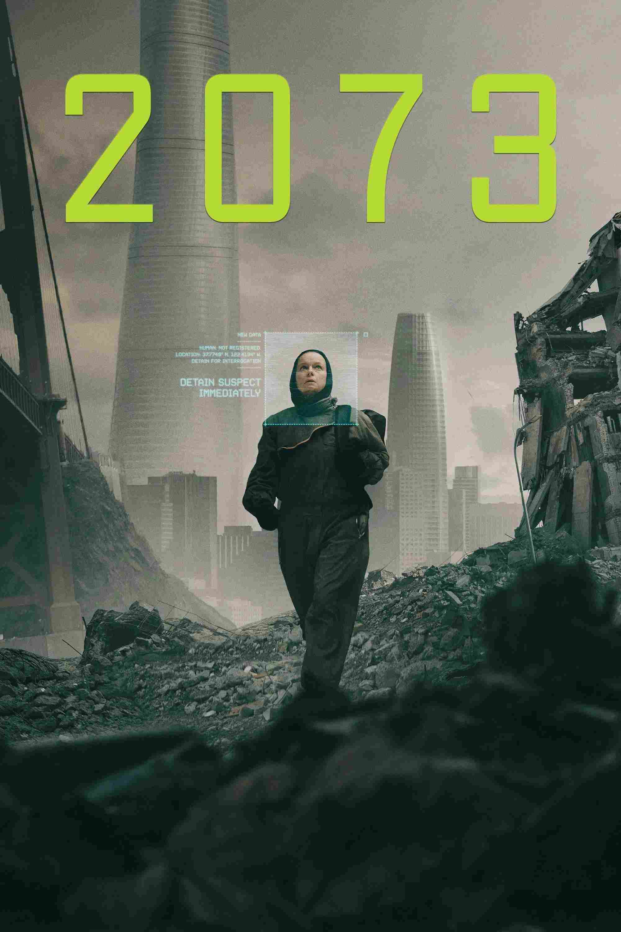 Poster chính thức của phim Phim Giật Gân, Phim Viễn Tưởng "Năm 2073" (2073 - 2024), với sự tham gia của diễn viên Samantha Morton và Naomi Ackie.