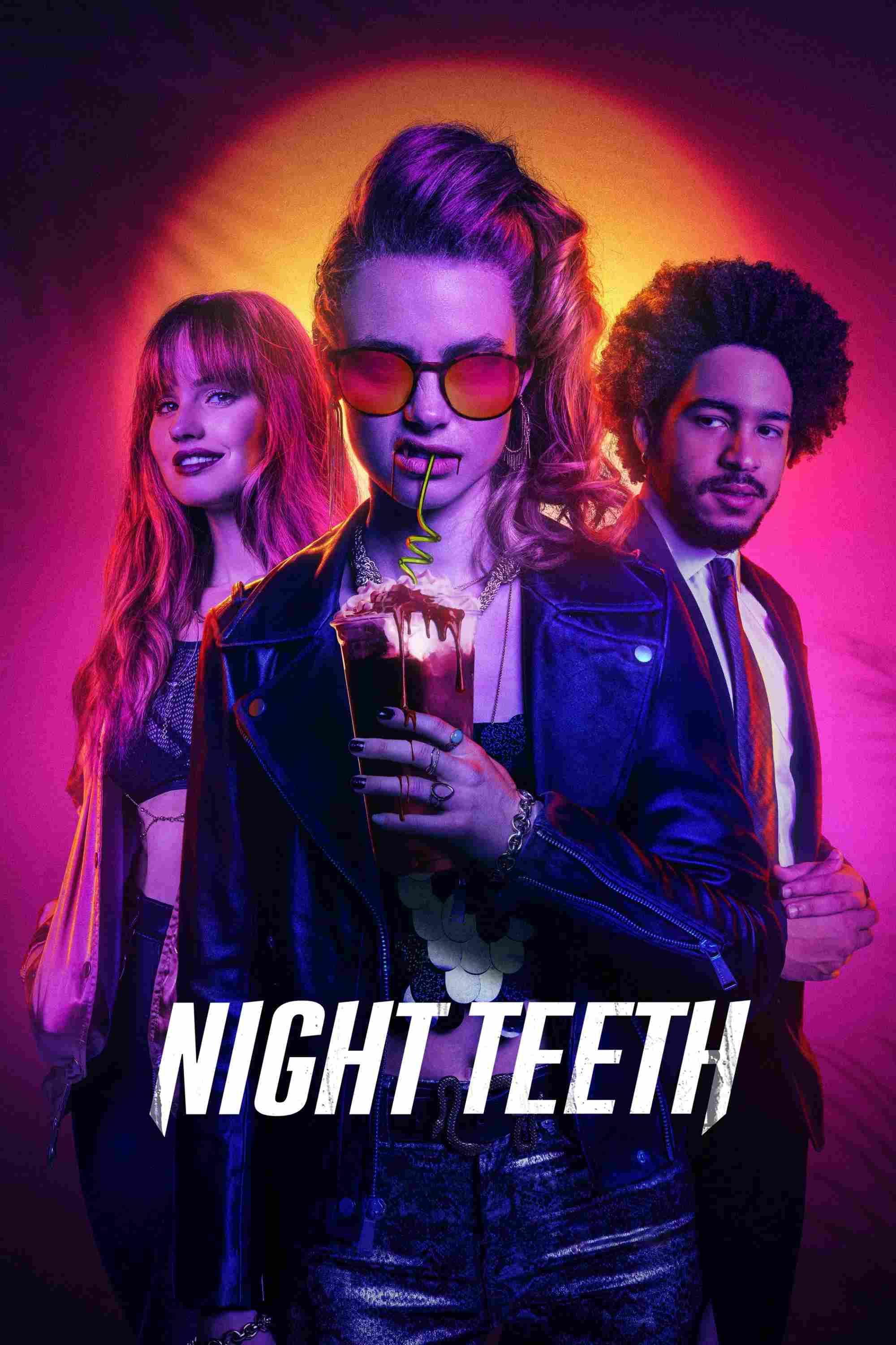 Poster chính thức của phim Phim Kinh Dị, Phim Giật Gân "Nanh Sắc Trong Đêm" (Night Teeth - 2021), với sự tham gia của diễn viên Jorge Lendeborg Jr. và Debby Ryan.