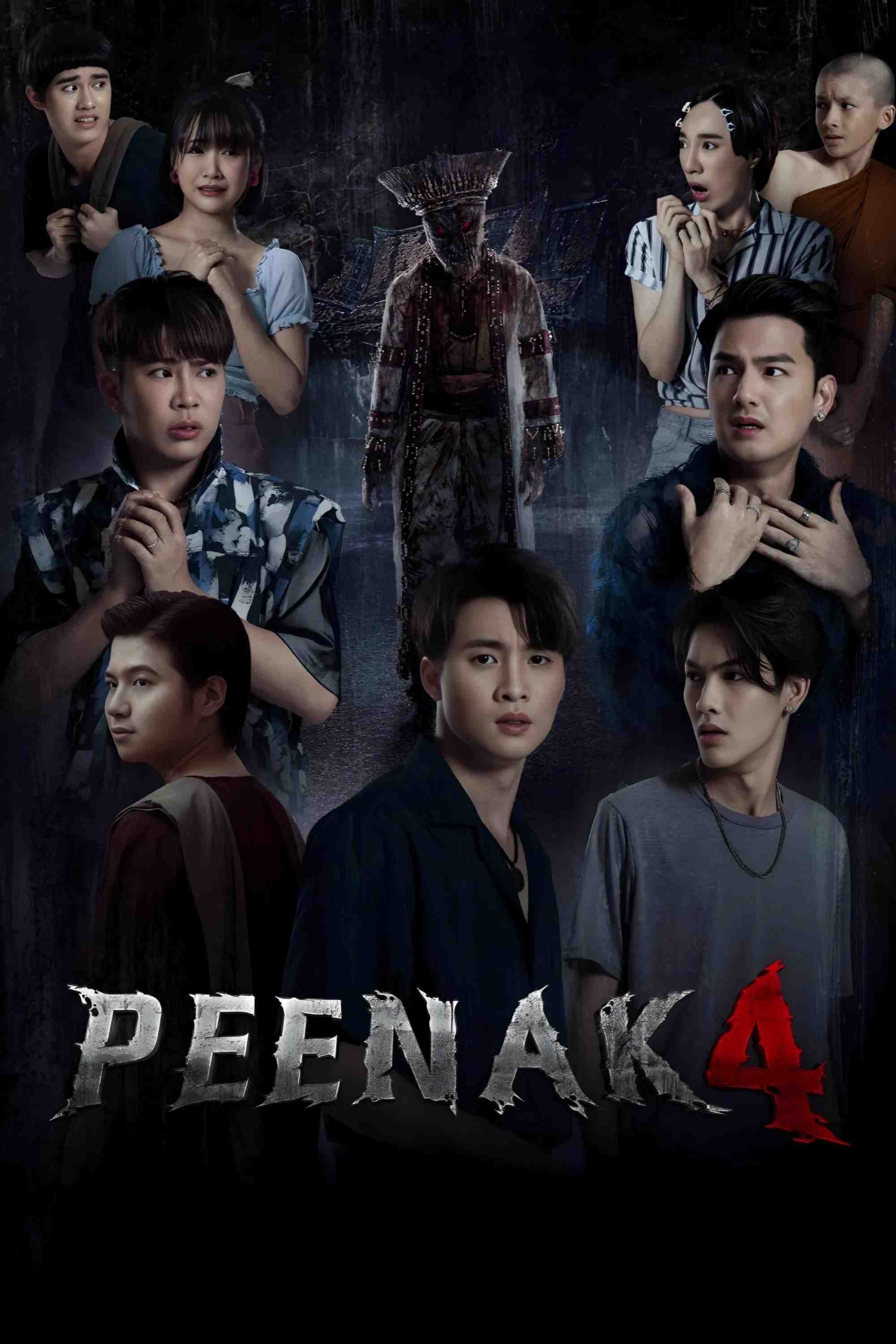 Poster chính thức của phim Phim Hài, Phim Kinh Dị "Ngôi Đền Kỳ Quái 4" (Pee Nak 4 - 2024), với sự tham gia của diễn viên Witthawat Rattanaboonbaramee và Bhuripat Vejvongsatechavat.