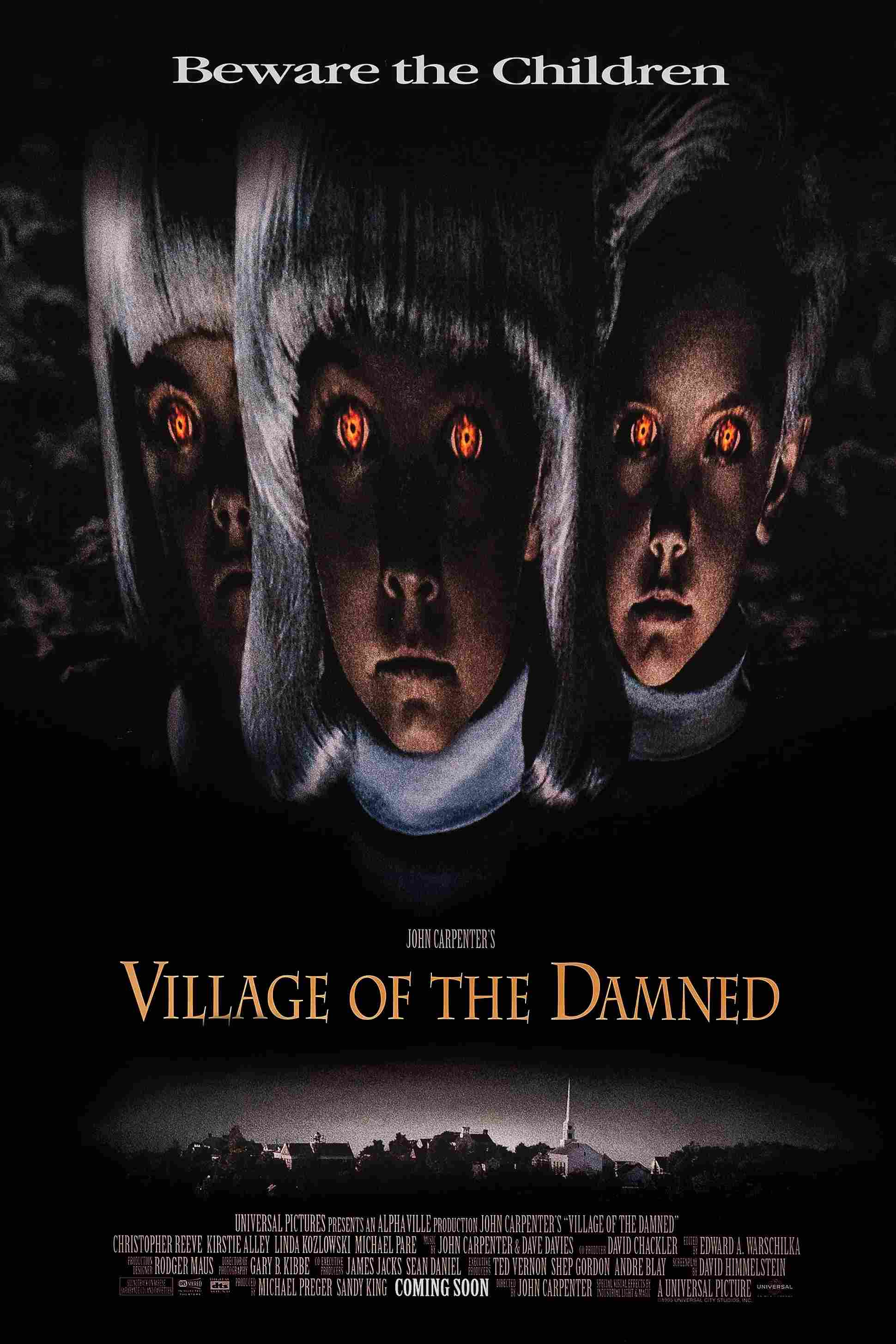 Poster chính thức của phim Phim Giật Gân, Phim Kinh Dị "Ngôi Làng Bị Nguyền Rủa" (Village of the Damned - 1995), với sự tham gia của diễn viên Christopher Reeve và Kirstie Alley.