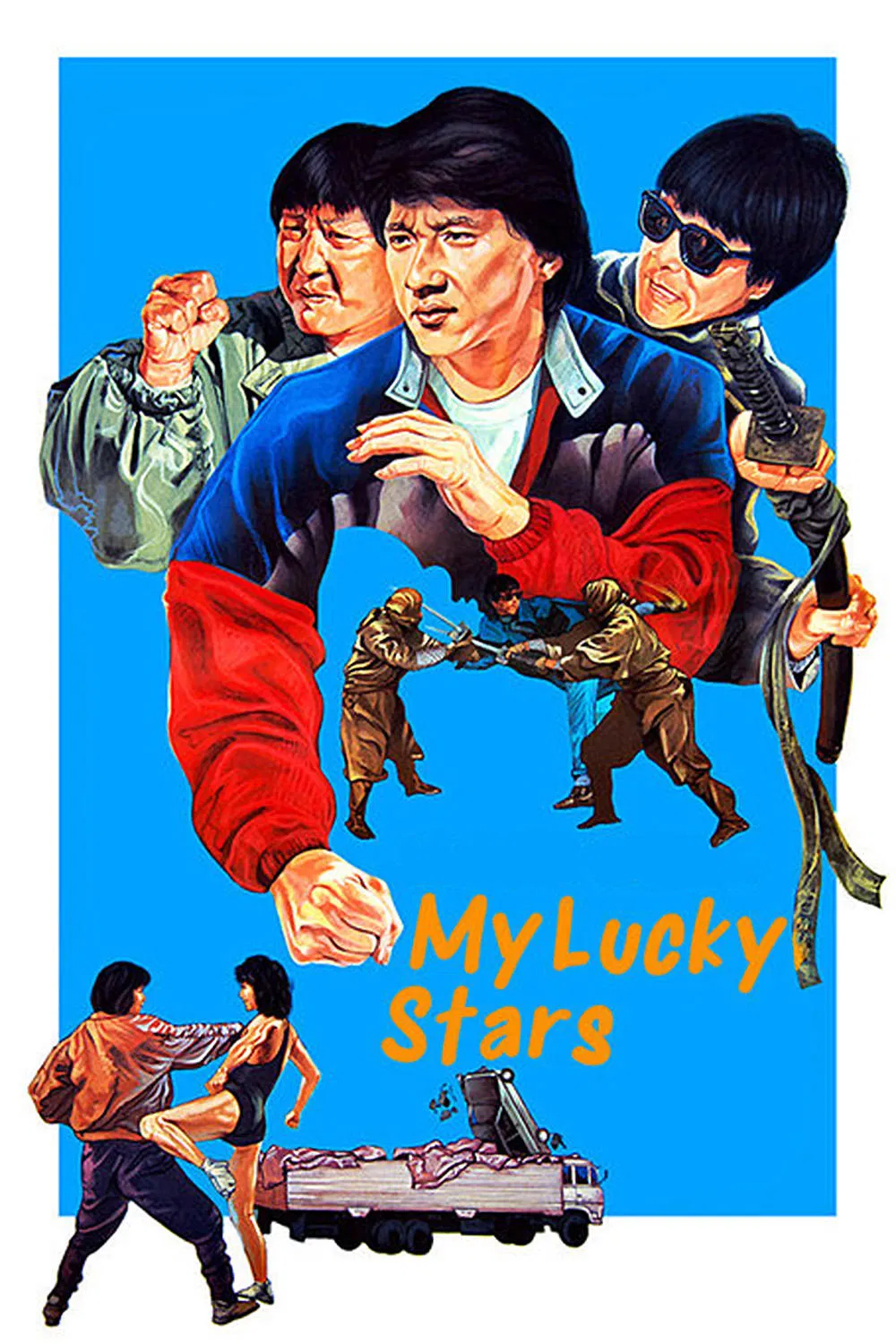 Poster chính thức của phim Phim Hành Động, Phim Hài "Ngôi Sao May Mắn" (My Lucky Stars - 1985), với sự tham gia của diễn viên Hồng Kim Bảo và Thành Long.