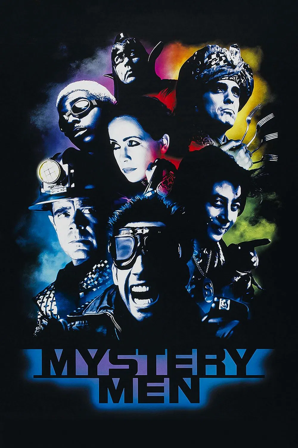 Poster chính thức của phim Phim Phiêu Lưu, Phim Giả Tượng "Người bí ẩn" (Mystery Men - 1999), với sự tham gia của diễn viên Ben Stiller và Hank Azaria.