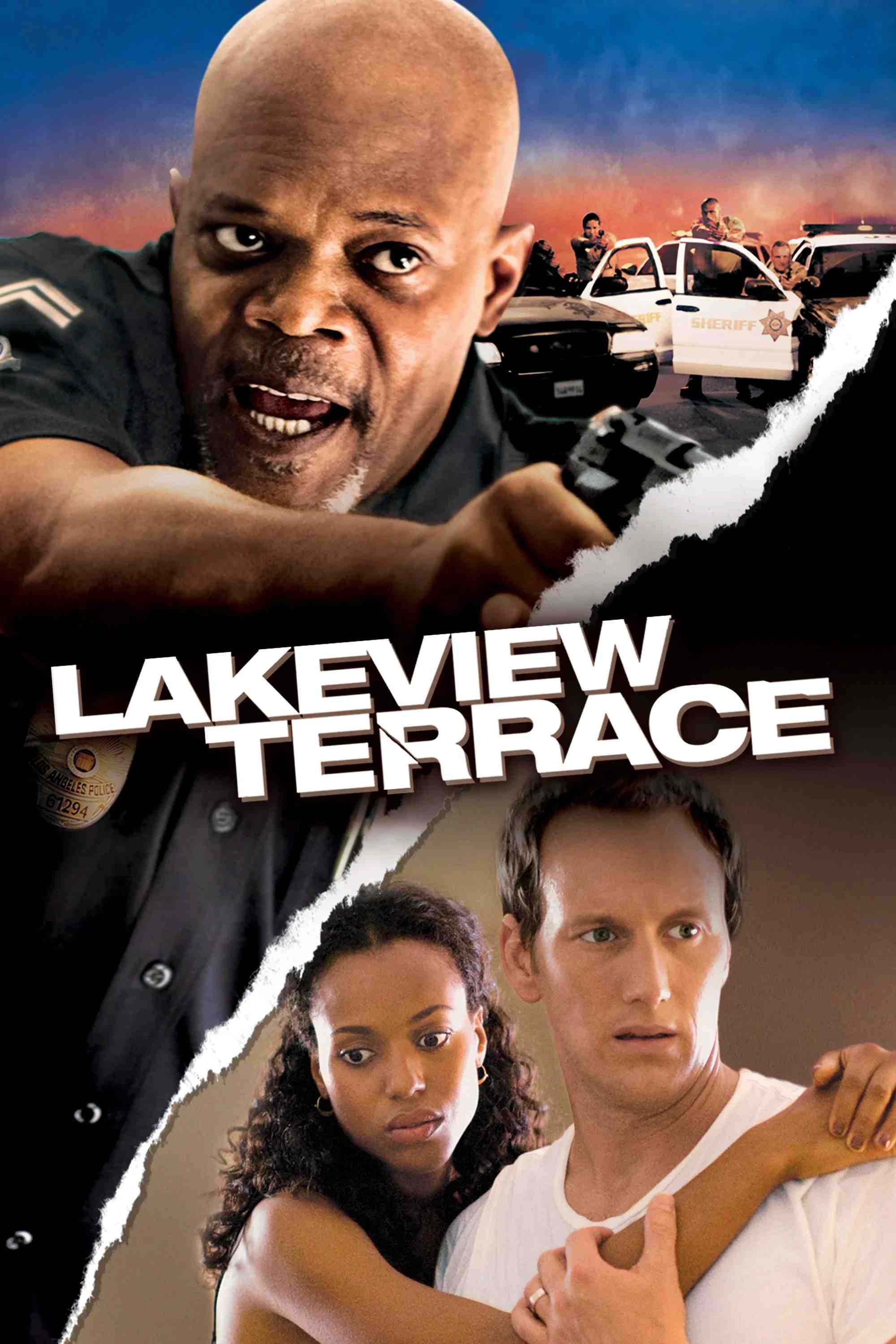 Poster chính thức của phim Phim Tâm Lý, Phim Hình Sự "Người Hàng Xóm Kinh Dị" (Lakeview Terrace - 2008), với sự tham gia của diễn viên Samuel L. Jackson và Patrick Wilson.