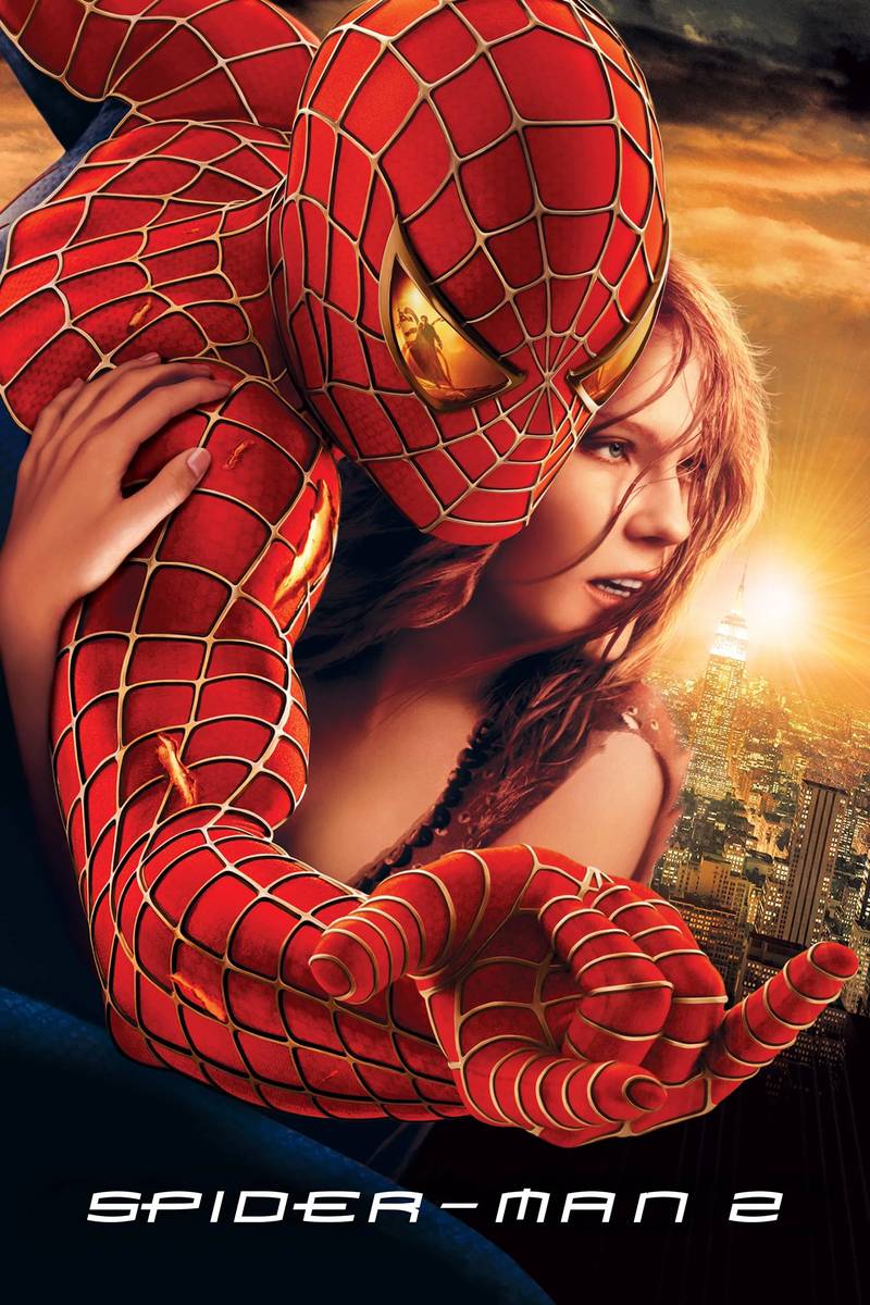 Poster chính thức của phim Phim Hành Động, Phim Phiêu Lưu "Người Nhện 2" (Spider-Man 2 - 2004), với sự tham gia của diễn viên Tobey Maguire và Kirsten Dunst.