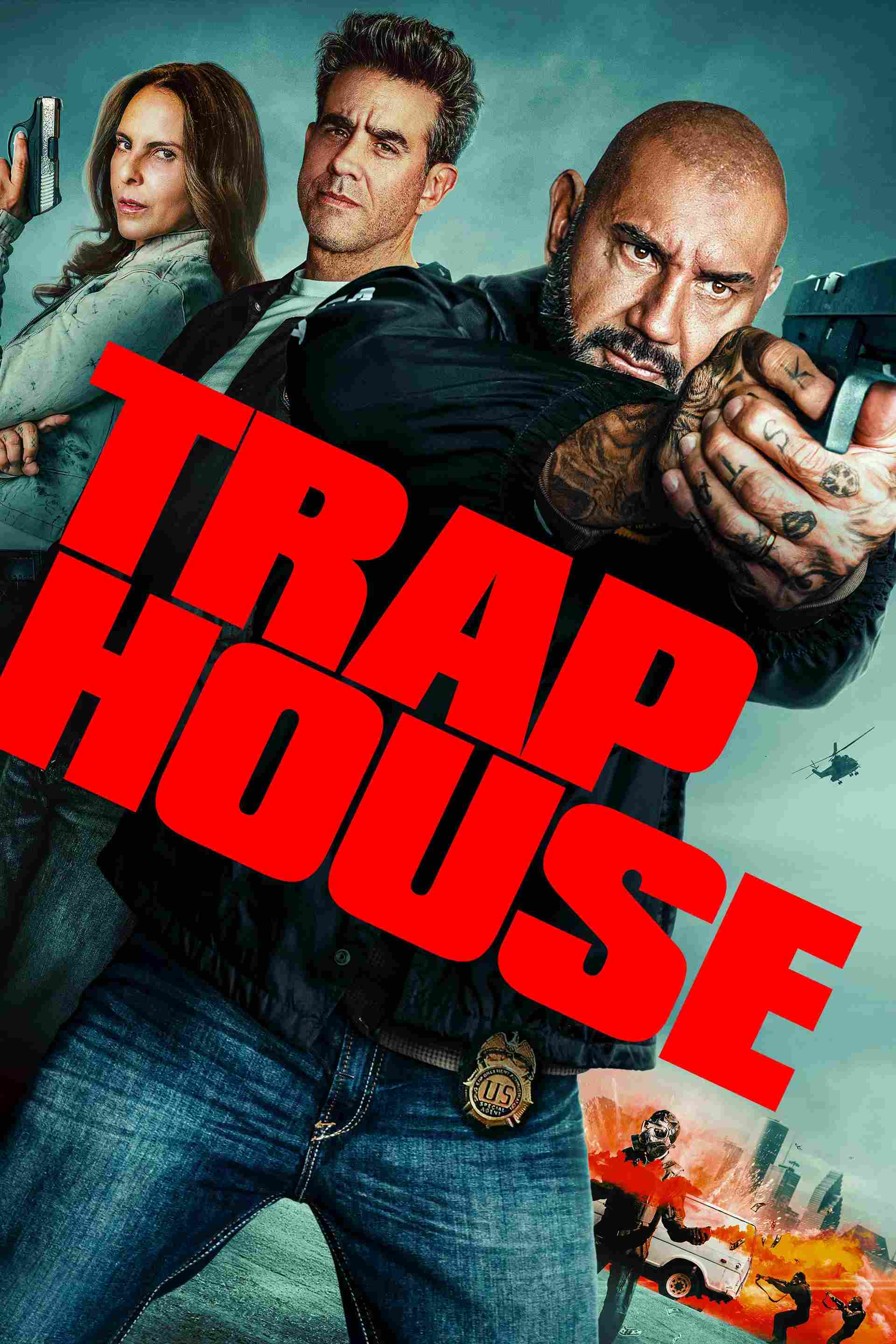 Poster chính thức của phim Phim Hành Động, Phim Hình Sự "Nhà Bẫy" (Trap House - 2025), với sự tham gia của diễn viên Dave Bautista và Bobby Cannavale.