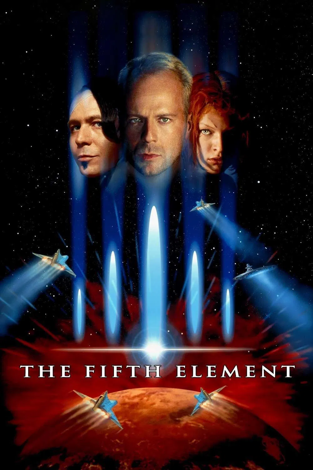 Poster chính thức của phim Phim Viễn Tưởng, Phim Hành Động "Nhân Tố Thứ 5" (The Fifth Element - 1997), với sự tham gia của diễn viên Bruce Willis và Milla Jovovich.