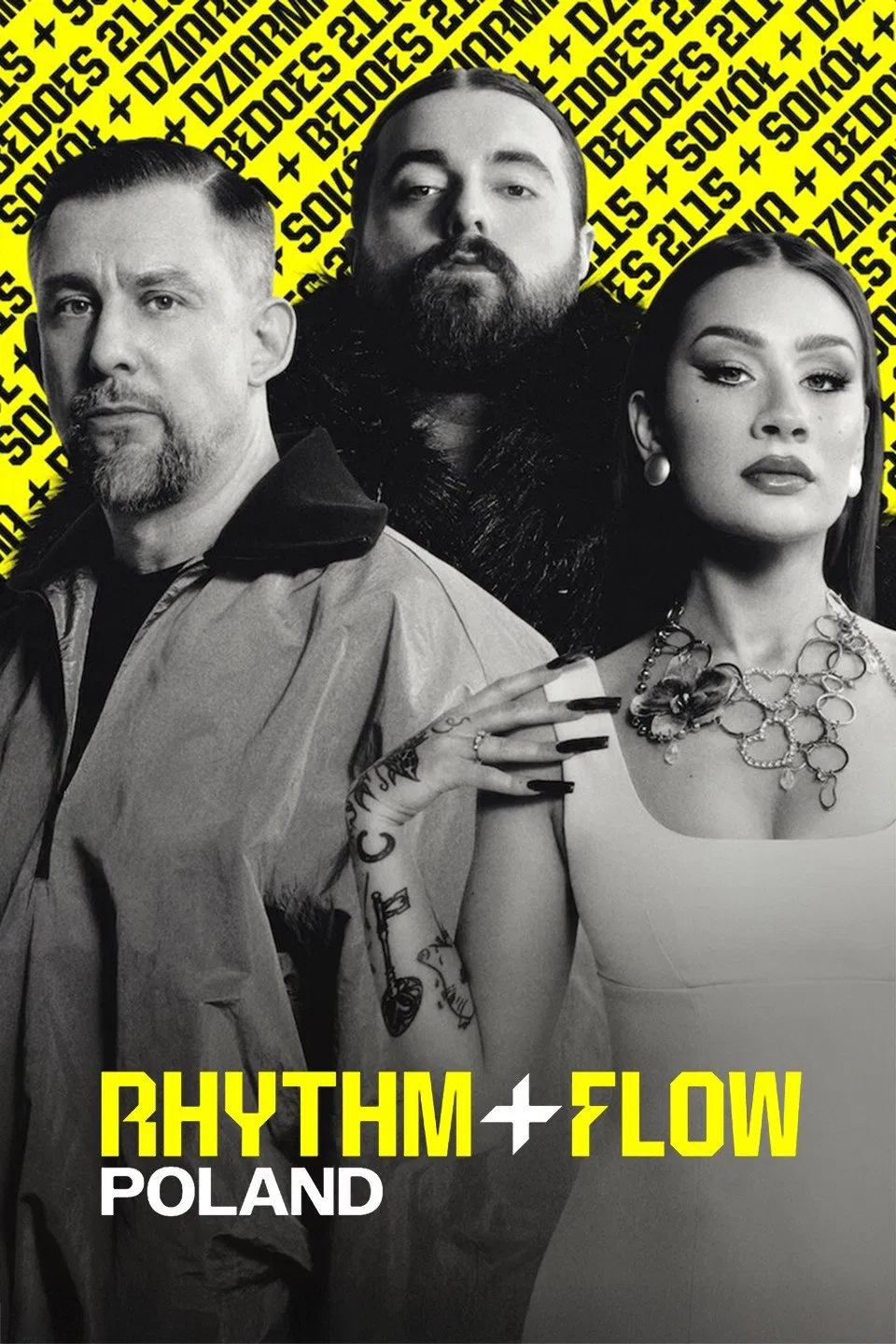 Poster chính thức của phim Truyền Hình Thực Tế "Nhịp Điệu Hip Hop Ba Lan" (Rhythm + Flow: Poland - 2025), với sự tham gia của diễn viên Agata Dziarmagowska và Bedoes 2115.