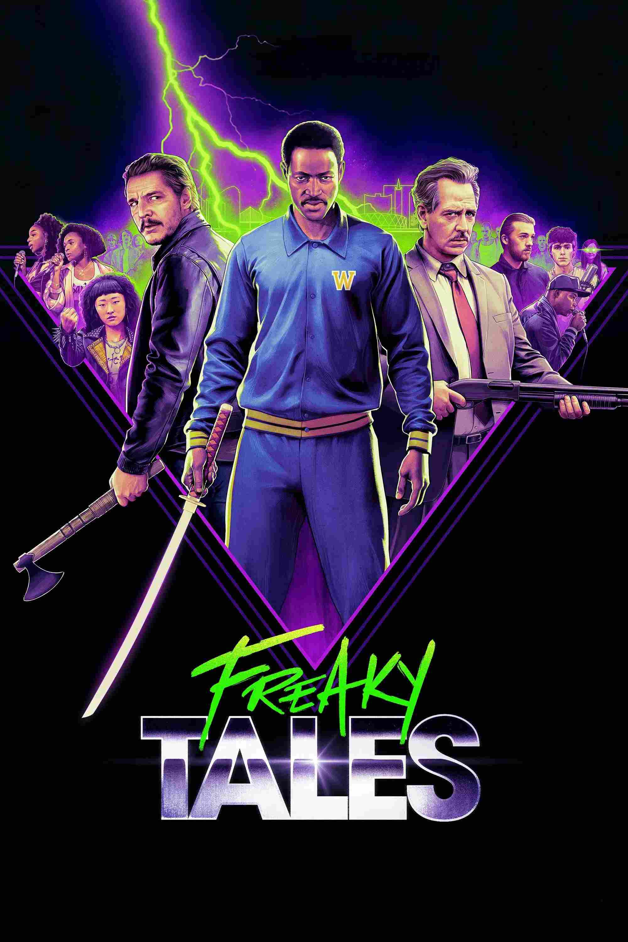 Poster chính thức của phim Phim Hành Động, Phim Hài "Những câu chuyện kỳ lạ" (Freaky Tales - 2025), với sự tham gia của diễn viên Jay Ellis và Pedro Pascal.