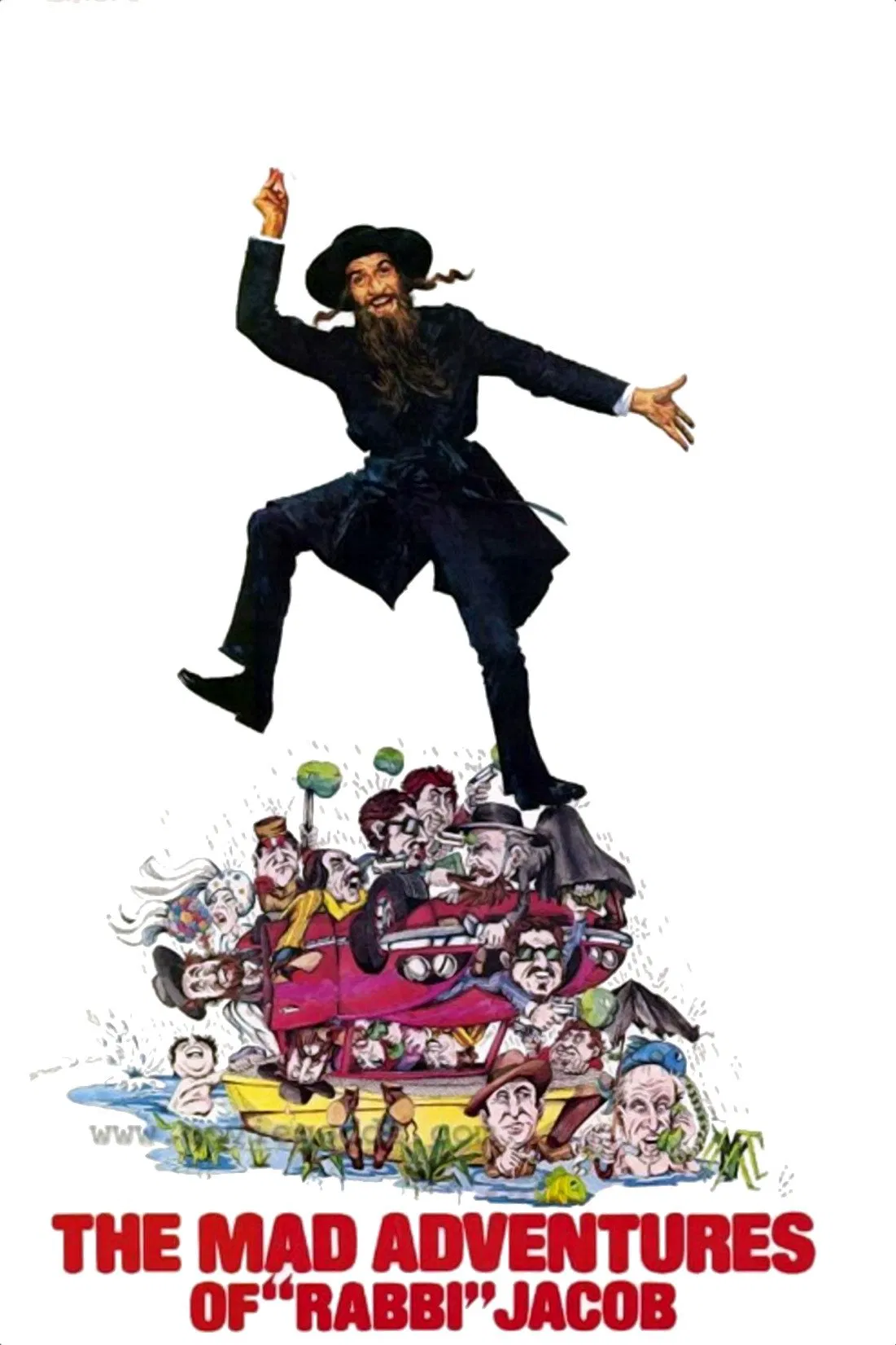 Poster chính thức của phim Phim Hài "NHỮNG CUỘC PHIÊU LƯU CỦA GIÁO SỸ JACOB" (The Mad Adventures of Rabbi Jacob - 1973), với sự tham gia của diễn viên Louis de Funès và Suzy Delair.