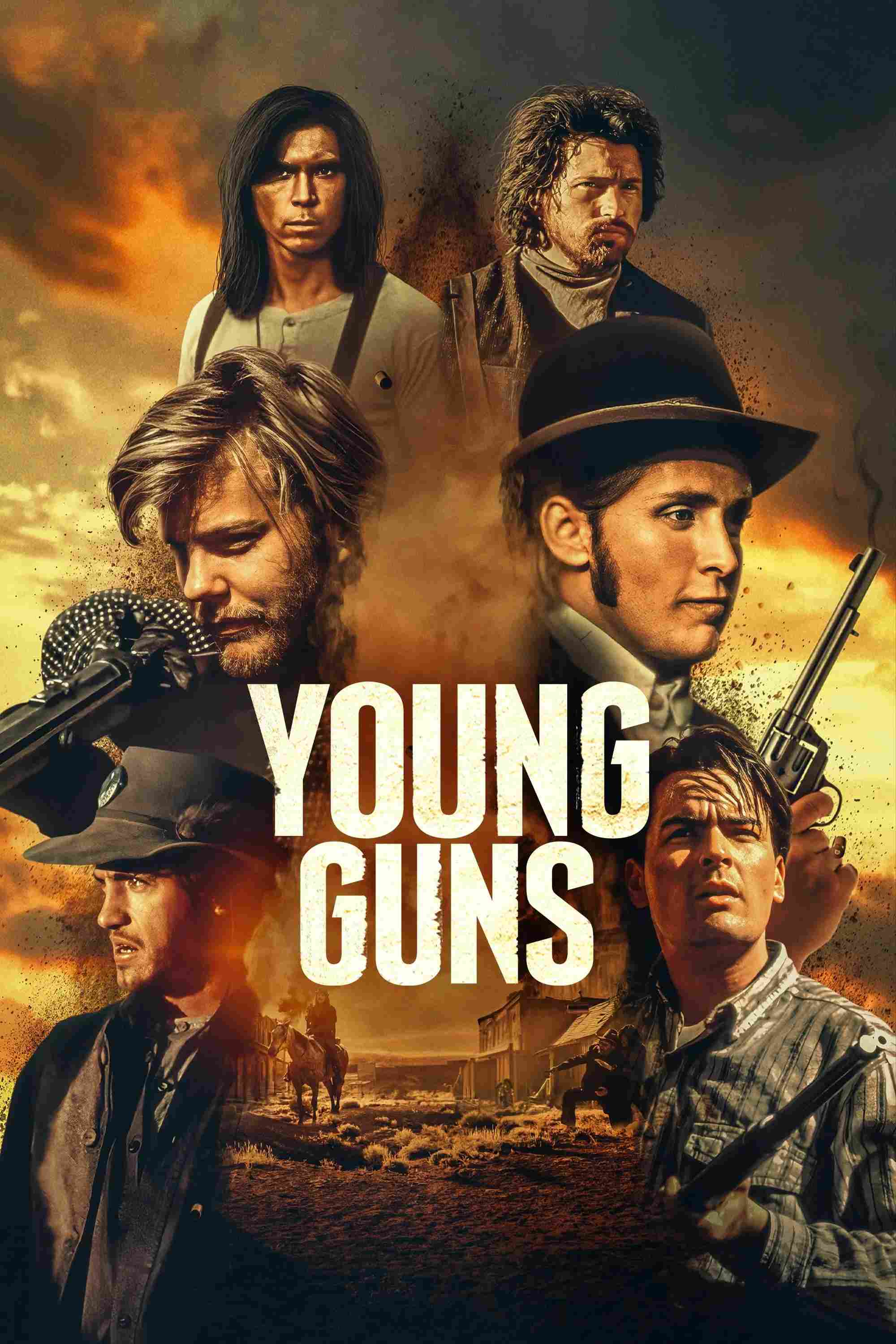 Poster chính thức của phim Phim Miền Tây, Phim Hành Động "Những Tay Cao Bồi" (Young Guns - 1988), với sự tham gia của diễn viên Emilio Estevez và Kiefer Sutherland.