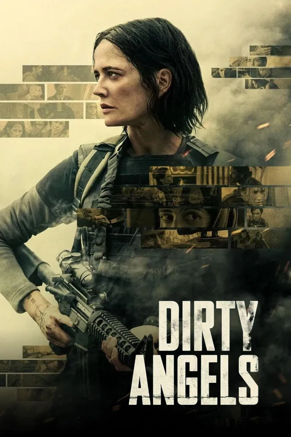 Poster chính thức của phim Phim Hành Động, Phim Tâm Lý "Những Thiên Thần Chiến Trường" (Dirty Angels - 2024), với sự tham gia của diễn viên Eva Green và Maria Bakalova.