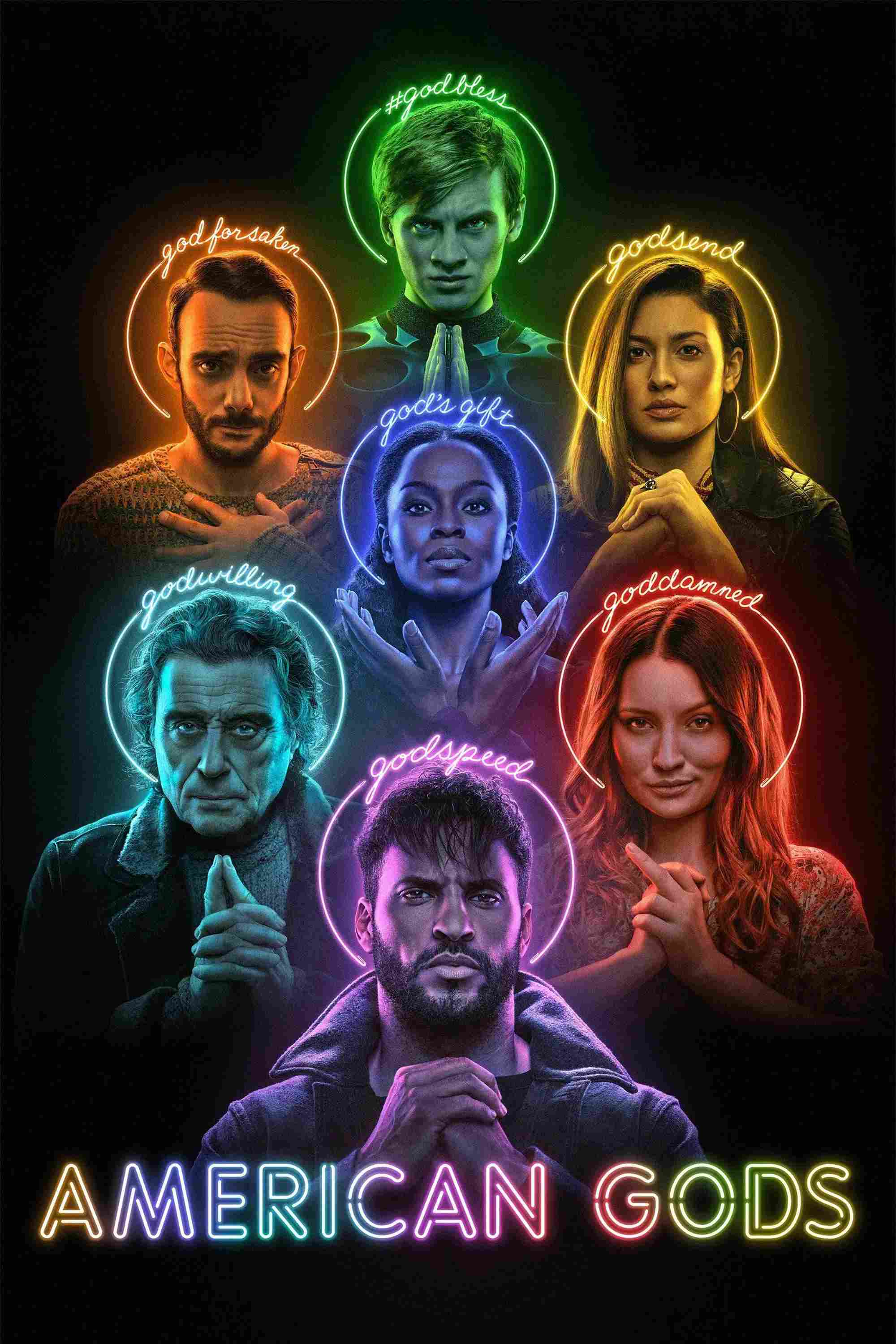 Poster chính thức của phim Phim Tâm Lý, Phim Bí Ẩn "Những Vị Thần Nước Mỹ (Phần 2)" (American Gods - 2017), với sự tham gia của diễn viên Ricky Whittle và Ian McShane.