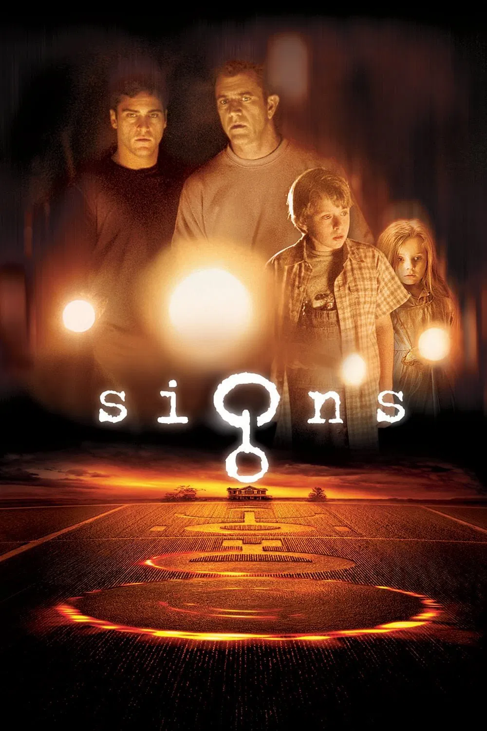 Poster chính thức của phim Phim Tâm Lý, Phim Giật Gân "Những Vòng Tròn Bí Ẩn" (Signs - 2002), với sự tham gia của diễn viên Mel Gibson và Joaquin Phoenix.
