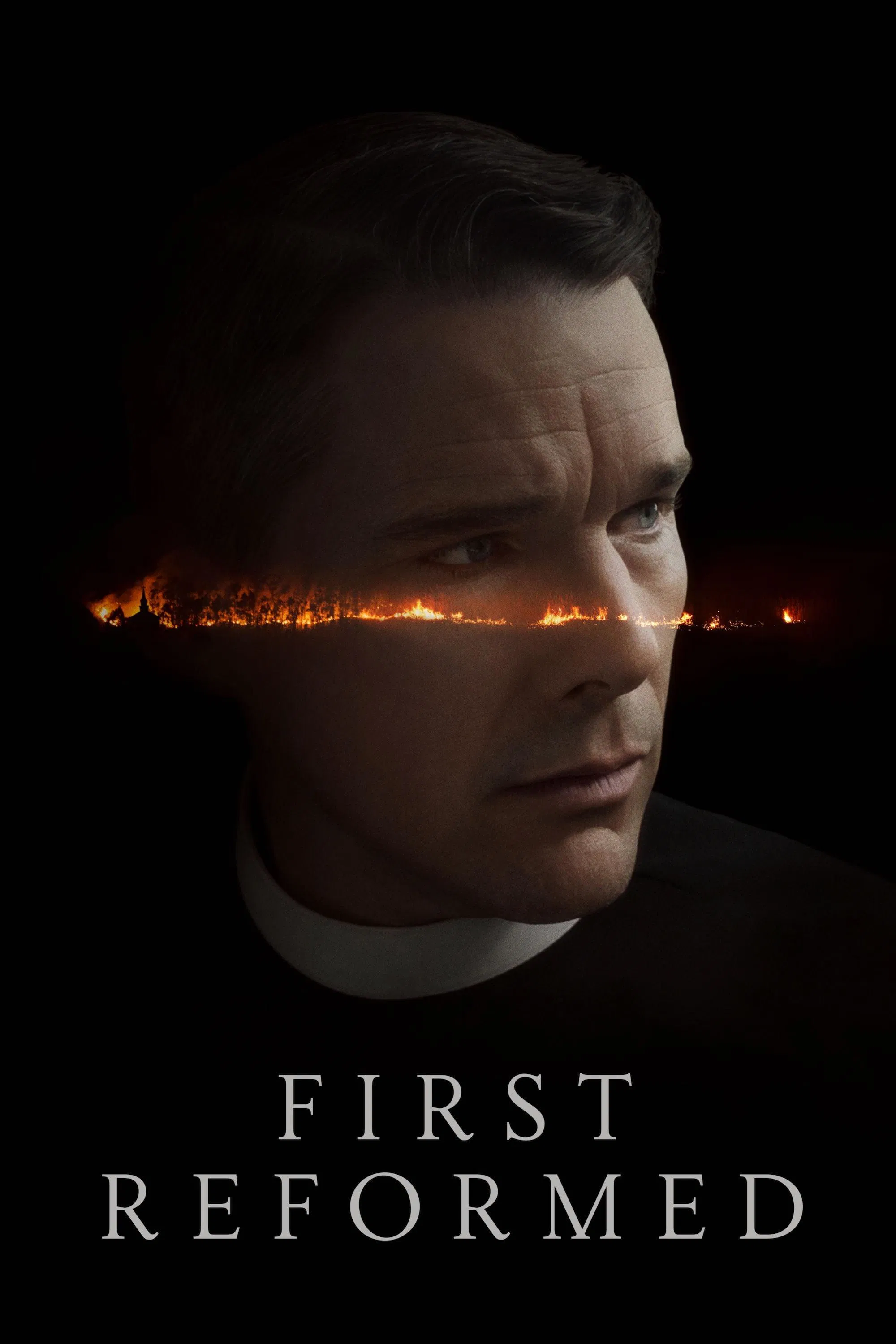 Poster chính thức của phim Phim Tâm Lý "Niềm Tin Lung Lay" (First Reformed - 2018), với sự tham gia của diễn viên Ethan Hawke và Amanda Seyfried.
