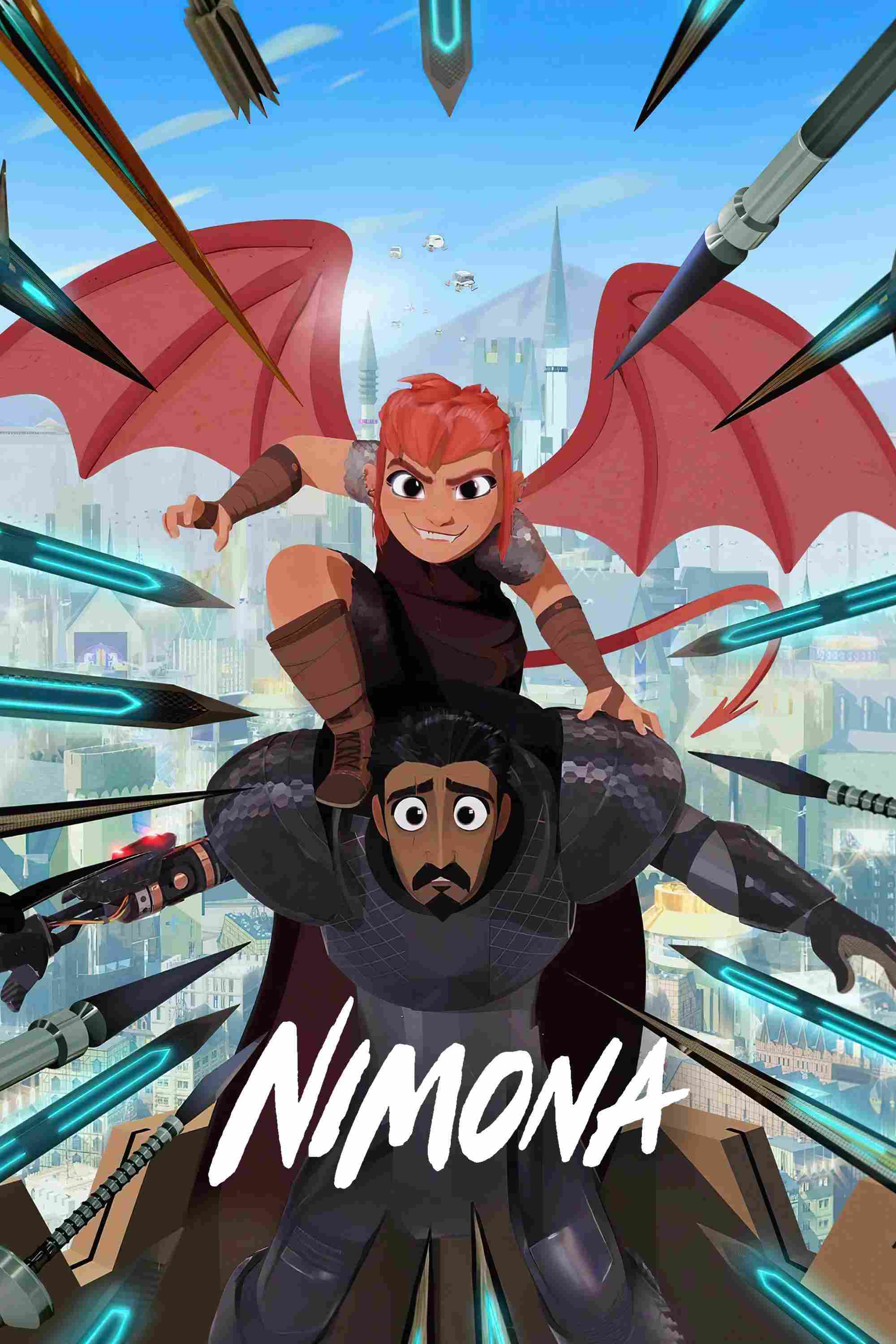 Poster chính thức của phim Phim Hoạt Hình, Phim Gia Đình "Nimona" (Nimona - 2023), với sự tham gia của diễn viên Chloë Grace Moretz và Riz Ahmed.