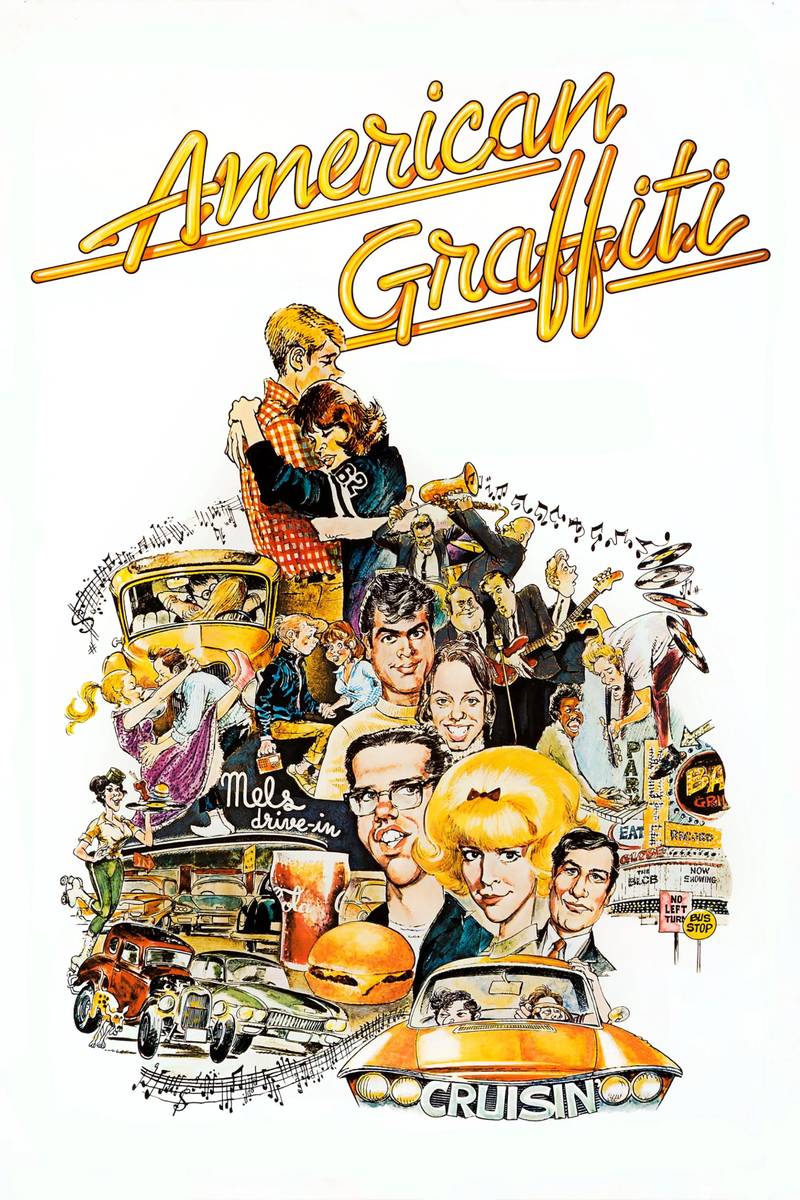 Poster chính thức của phim Phim Hài, Phim Tâm Lý "Nổi Loạn Kiểu Mỹ" (American Graffiti - 1973), với sự tham gia của diễn viên Richard Dreyfuss và Ron Howard.