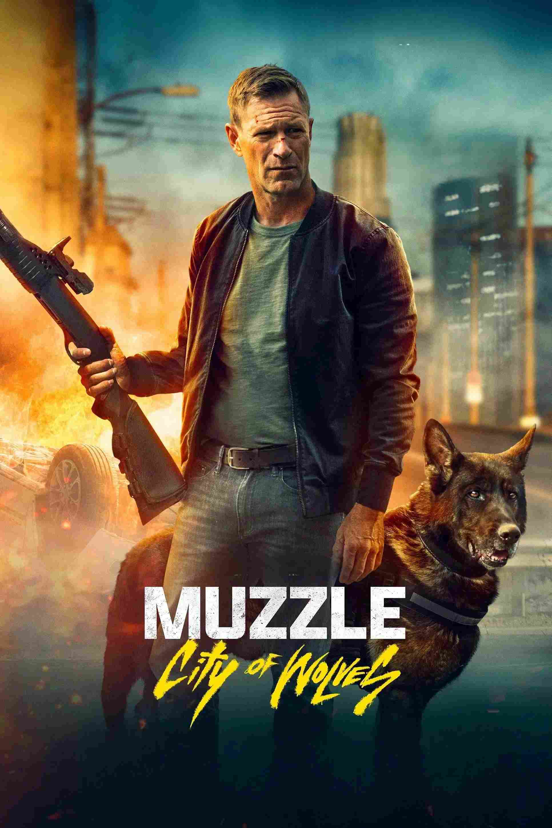 Poster chính thức của phim Phim Hành Động, Phim Giật Gân "Nòng Súng: Hang Ổ của Sói" (Muzzle: City of Wolves - 2025), với sự tham gia của diễn viên Aaron Eckhart và Tanya van Graan.