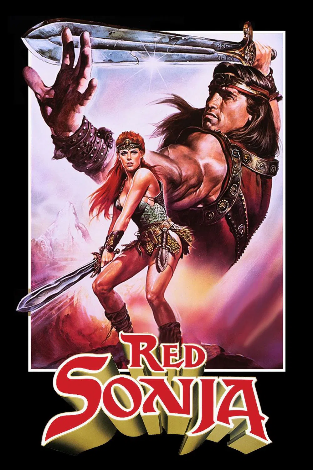 Poster chính thức của phim Phim Phiêu Lưu, Phim Giả Tượng "Nữ Chiến Binh" (Red Sonja - 1985), với sự tham gia của diễn viên Arnold Schwarzenegger và Brigitte Nielsen.