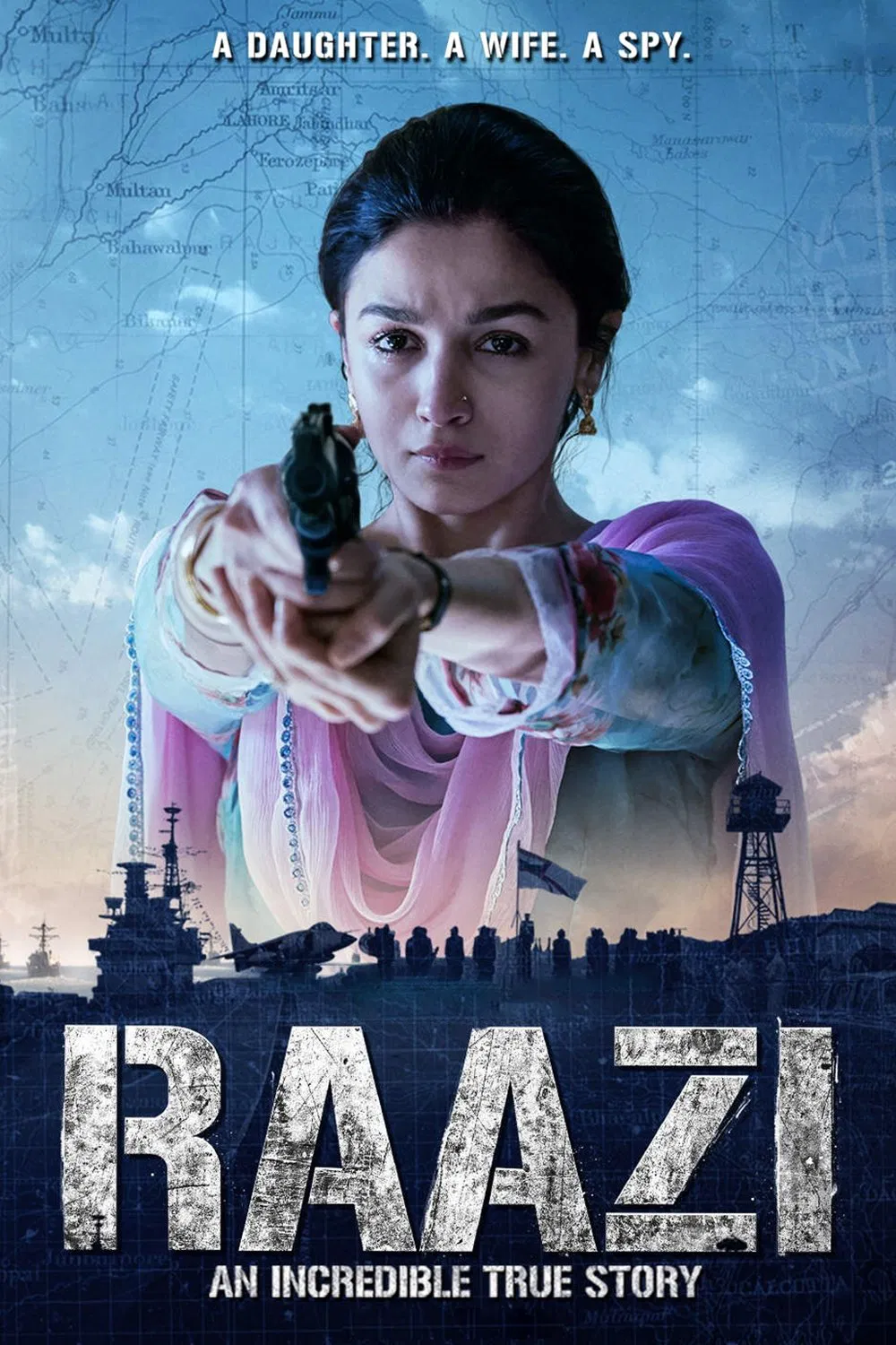 Poster chính thức của phim Phim Giật Gân, Phim Hành Động "Nữ Điệp Viên" (Raazi - 2018), với sự tham gia của diễn viên Alia Bhatt và Vicky Kaushal.
