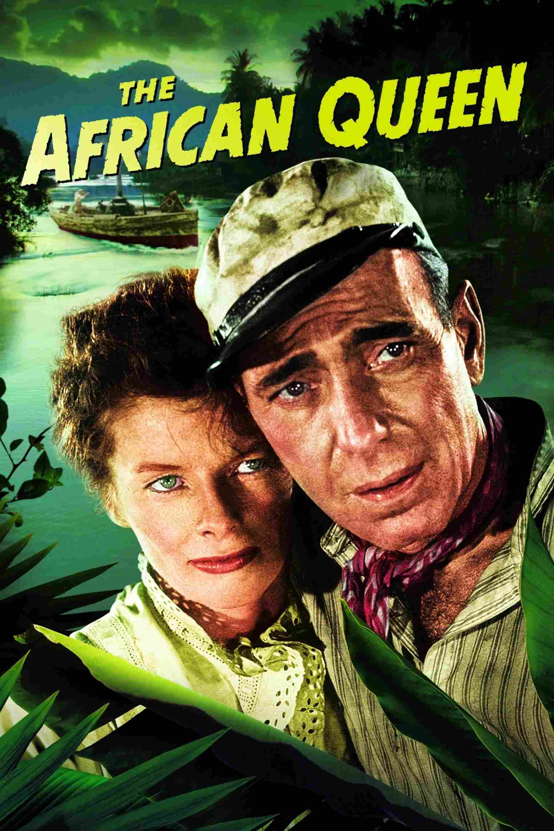 Poster chính thức của phim Phim Tình Cảm, Phim Phiêu Lưu "Nữ Hoàng Châu Phi" (The African Queen - 1952), với sự tham gia của diễn viên Humphrey Bogart và Katharine Hepburn.