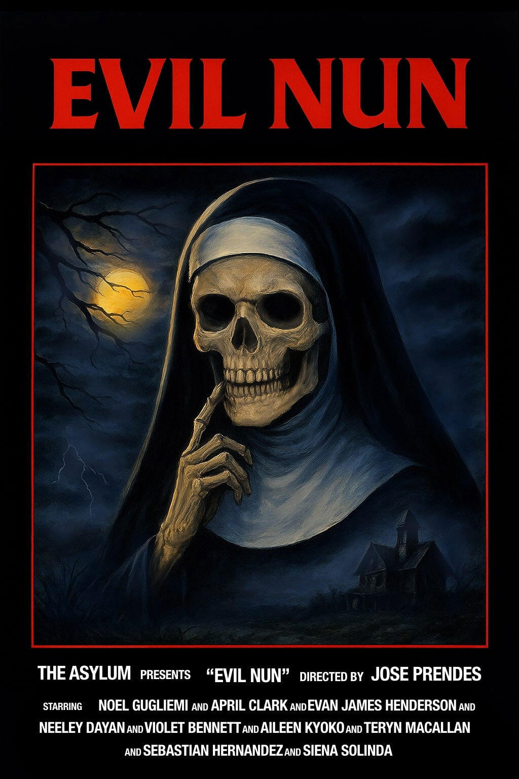 Poster chính thức của phim Phim Kinh Dị "Nữ Tu Ác Độc" (Evil Nun - 2025), với sự tham gia của diễn viên Noel Gugliemi và April Clark.