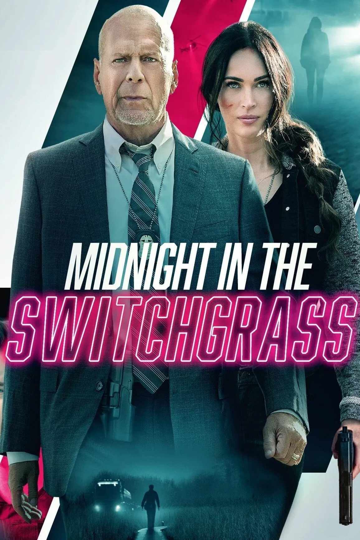 Poster chính thức của phim Phim Hình Sự, Phim Bí Ẩn "Nửa Đêm Trong Bụi Cỏ" (Midnight in the Switchgrass - 2021), với sự tham gia của diễn viên Megan Fox và Bruce Willis.
