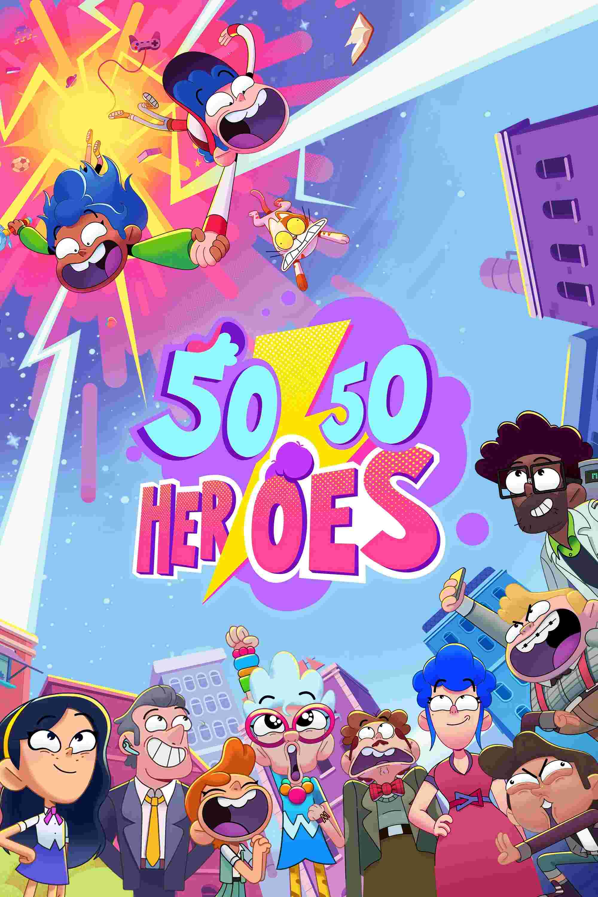 Poster chính thức của phim Phim Hài, Phim Hoạt Hình "Nửa Dòng Máu Anh Hùng (Héros à moitié)" (50/50 Heroes - 2022), với sự tham gia của diễn viên Thomas Sagols và Fanny Bloc.